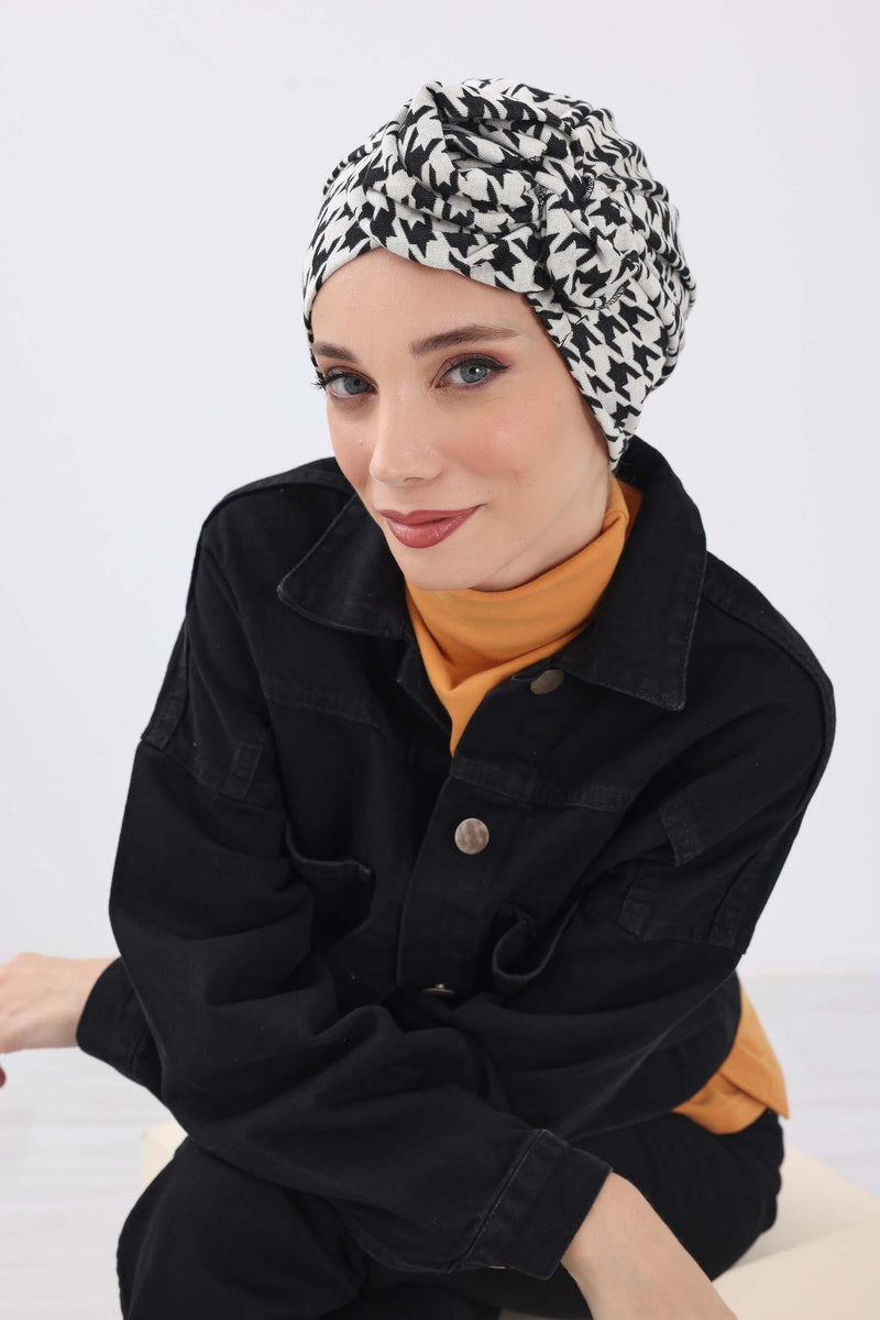 Patterned Instant Turban Bonnet for Cold Seasons, Turban Bonnet with Houndstooth and Leopard Patterns, Chic and Warm Instant Bonnet,B-49DIV