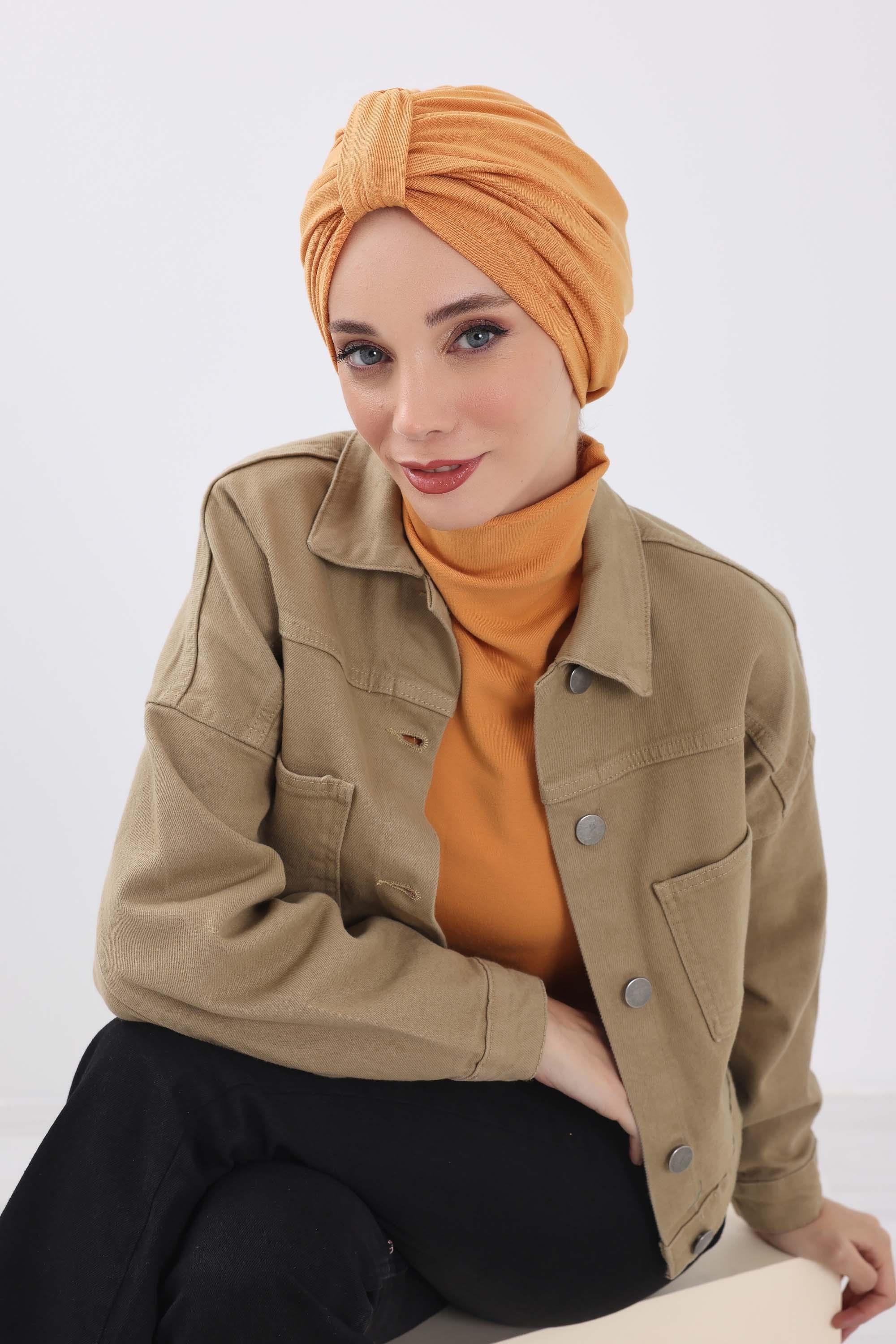 Cozy Stretch Ribbed Winter Turban for Cancer Patients, Easy-Wear Instant Turban Hijab, Soft Chemo Headscarf for Women,B-68RB Orange