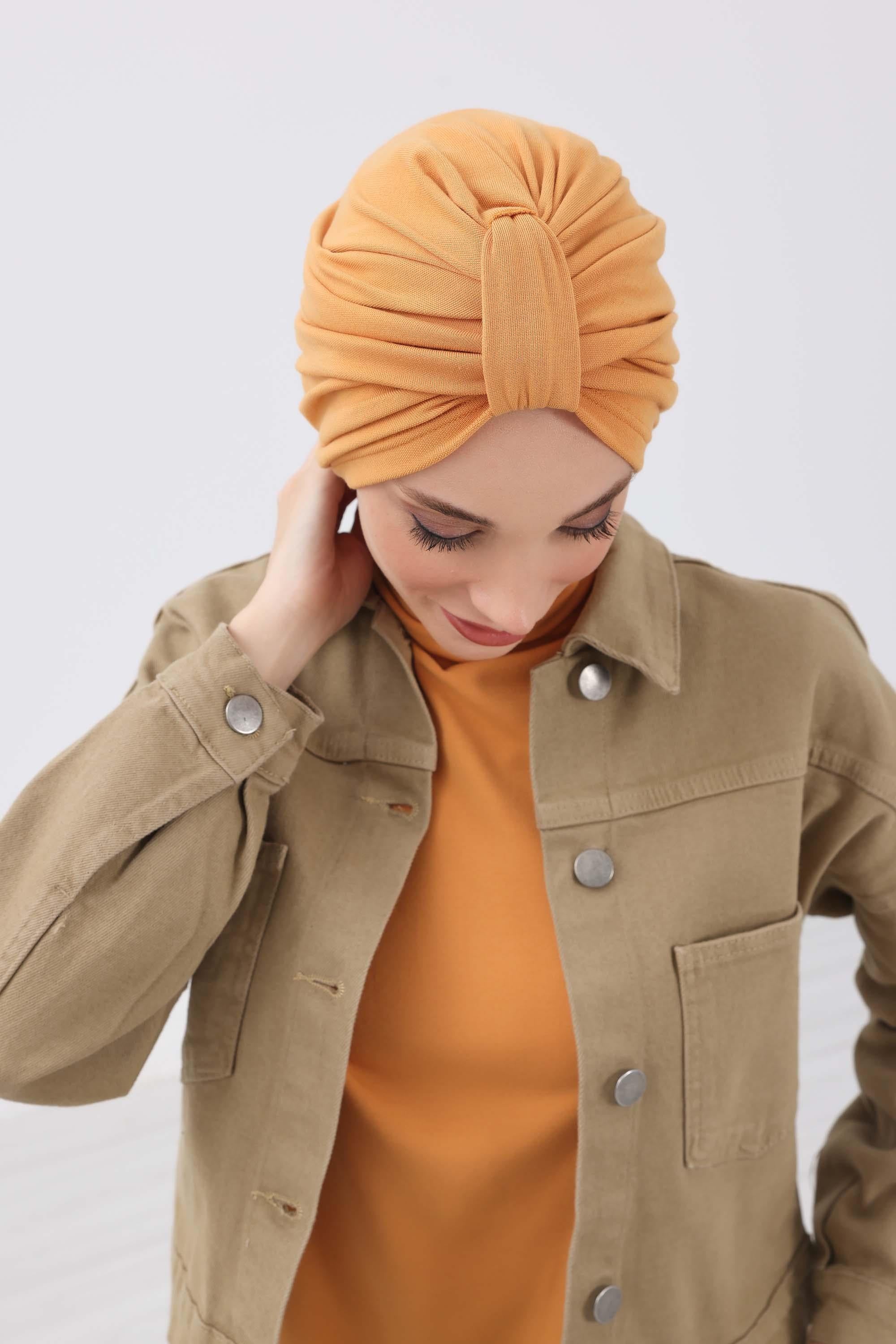 Cozy Stretch Ribbed Winter Turban for Cancer Patients, Easy-Wear Instant Turban Hijab, Soft Chemo Headscarf for Women,B-68RB Orange