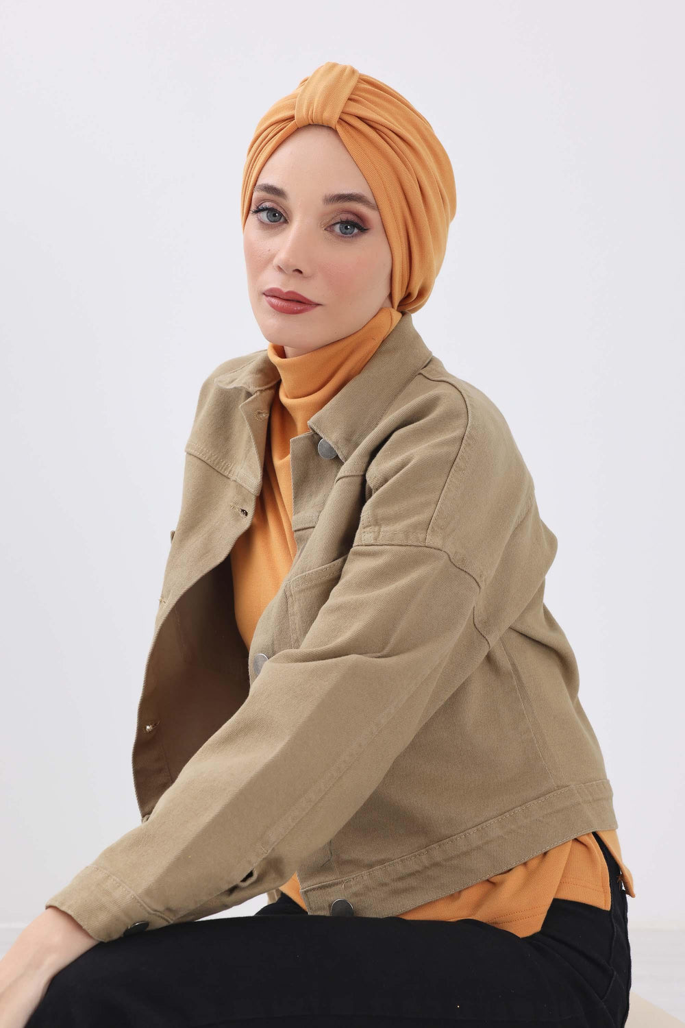 Cozy Stretch Ribbed Winter Turban for Cancer Patients, Easy-Wear Instant Turban Hijab, Soft Chemo Headscarf for Women,B-68RB Orange