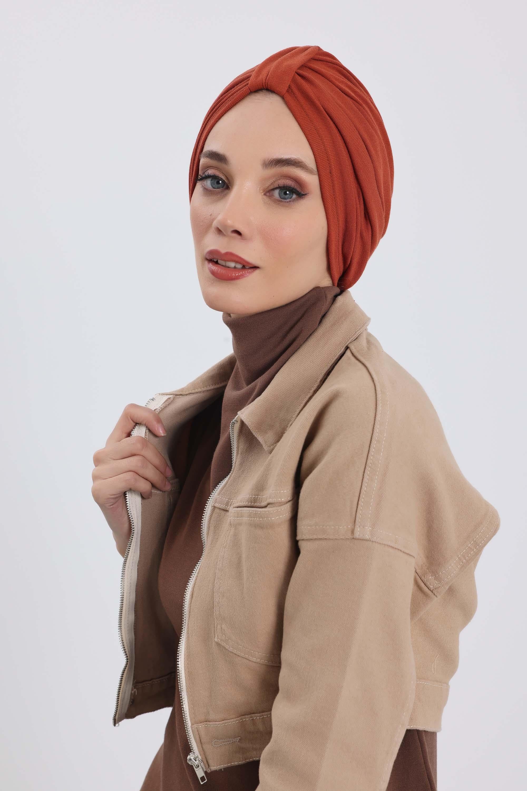 Cozy Stretch Ribbed Winter Turban for Cancer Patients, Easy-Wear Instant Turban Hijab, Soft Chemo Headscarf for Women,B-68RB Tile Red
