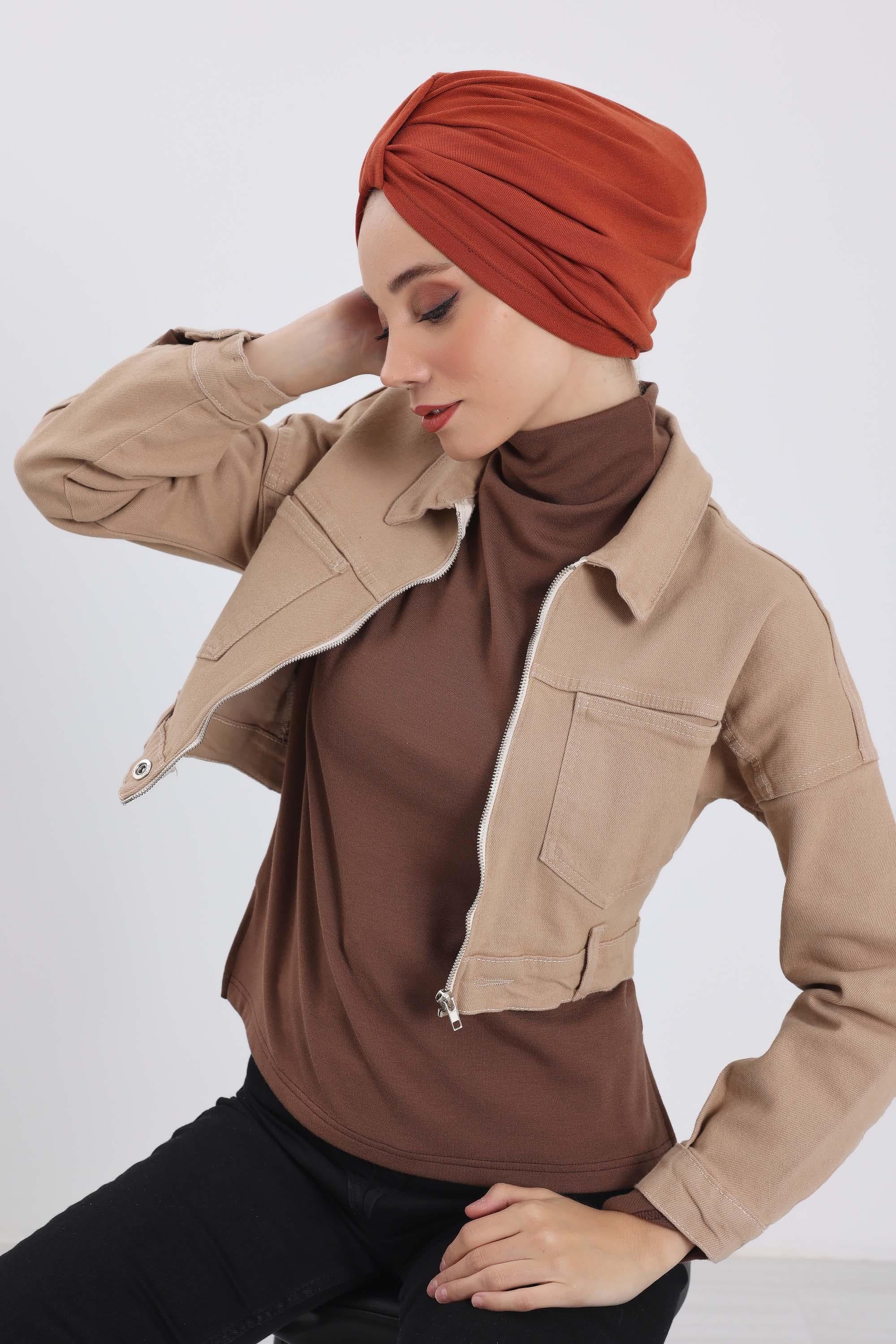 Cozy Stretch Ribbed Winter Turban for Cancer Patients, Easy-Wear Instant Turban Hijab, Soft Chemo Headscarf for Women,B-68RB Tile Red