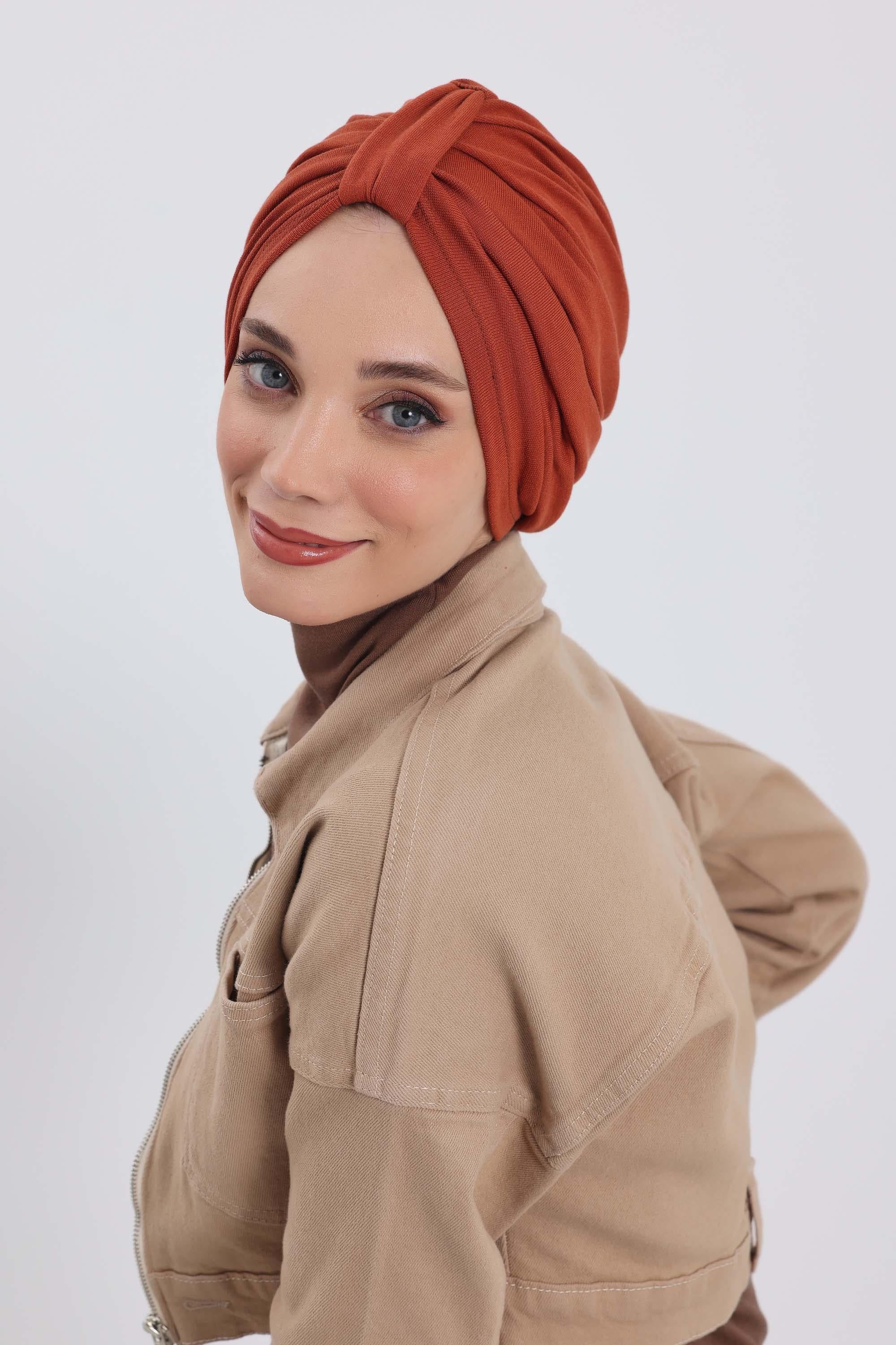 Cozy Stretch Ribbed Winter Turban for Cancer Patients, Easy-Wear Instant Turban Hijab, Soft Chemo Headscarf for Women,B-68RB Tile Red