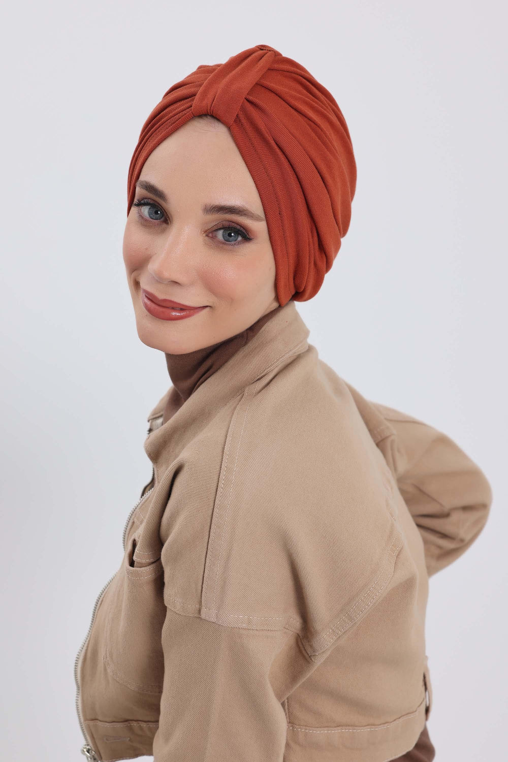 Cozy Stretch Ribbed Winter Turban for Cancer Patients, Easy-Wear Instant Turban Hijab, Soft Chemo Headscarf for Women,B-68RB Tile Red