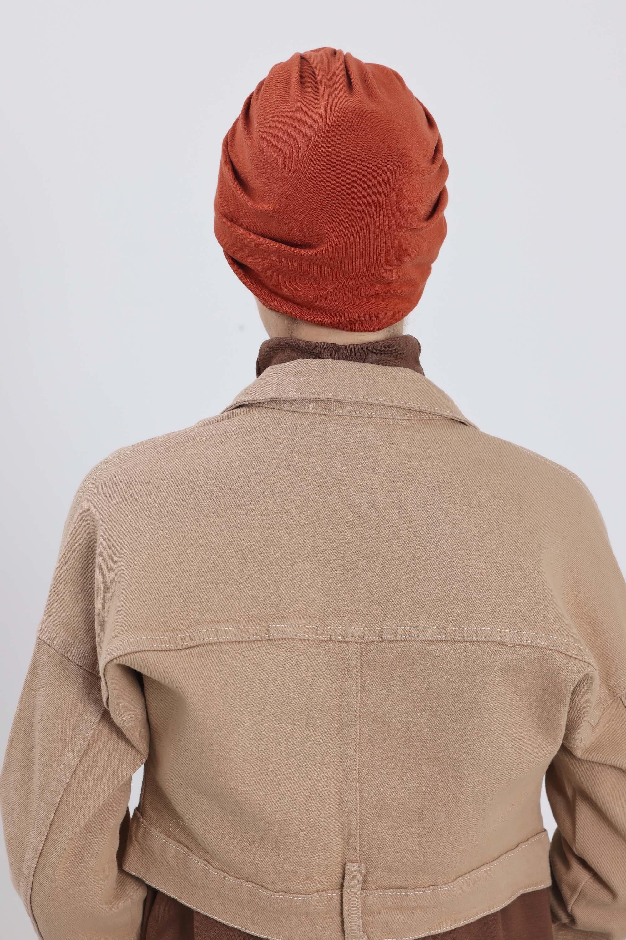 Cozy Stretch Ribbed Winter Turban for Cancer Patients, Easy-Wear Instant Turban Hijab, Soft Chemo Headscarf for Women,B-68RB Tile Red