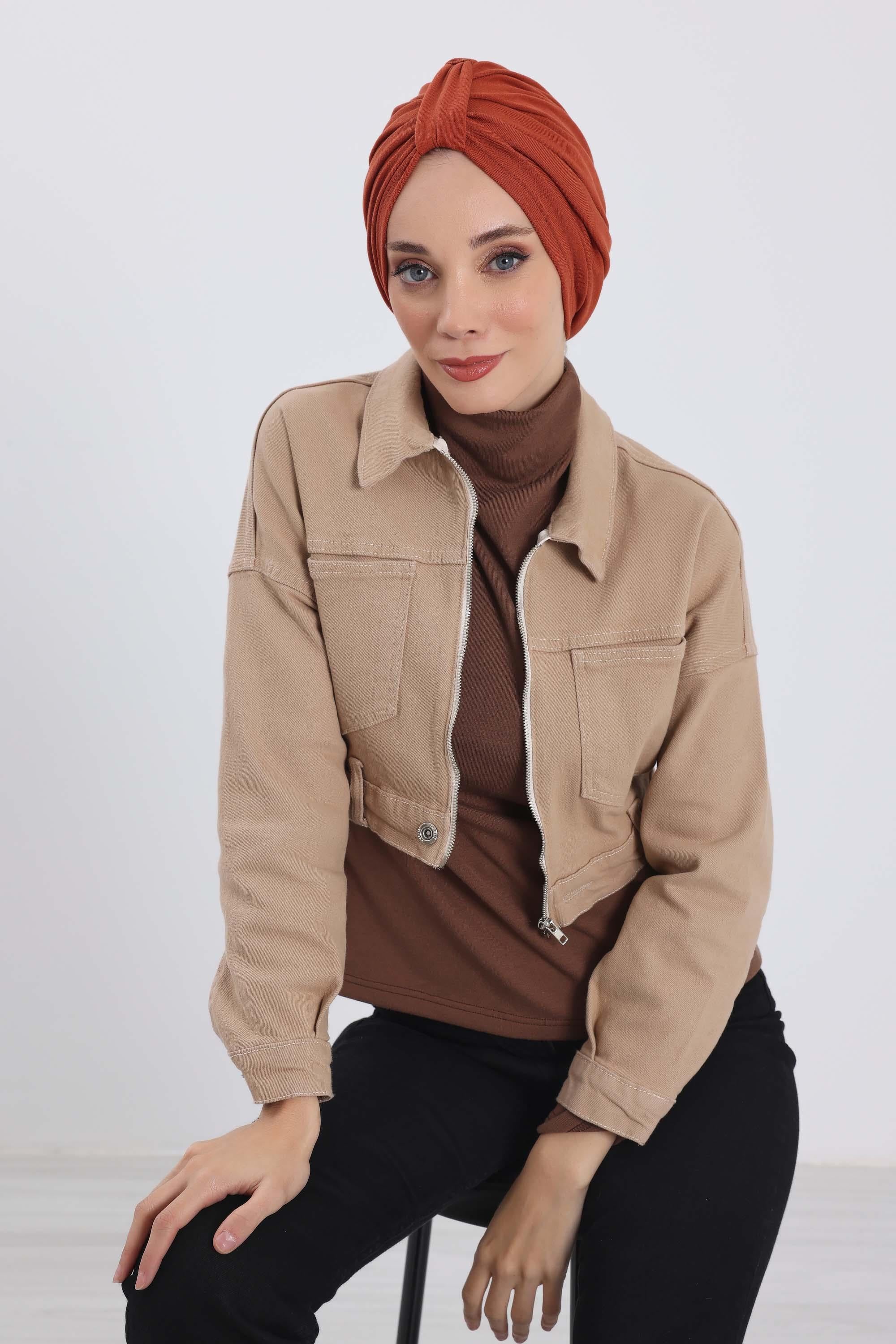 Cozy Stretch Ribbed Winter Turban for Cancer Patients, Easy-Wear Instant Turban Hijab, Soft Chemo Headscarf for Women,B-68RB Tile Red