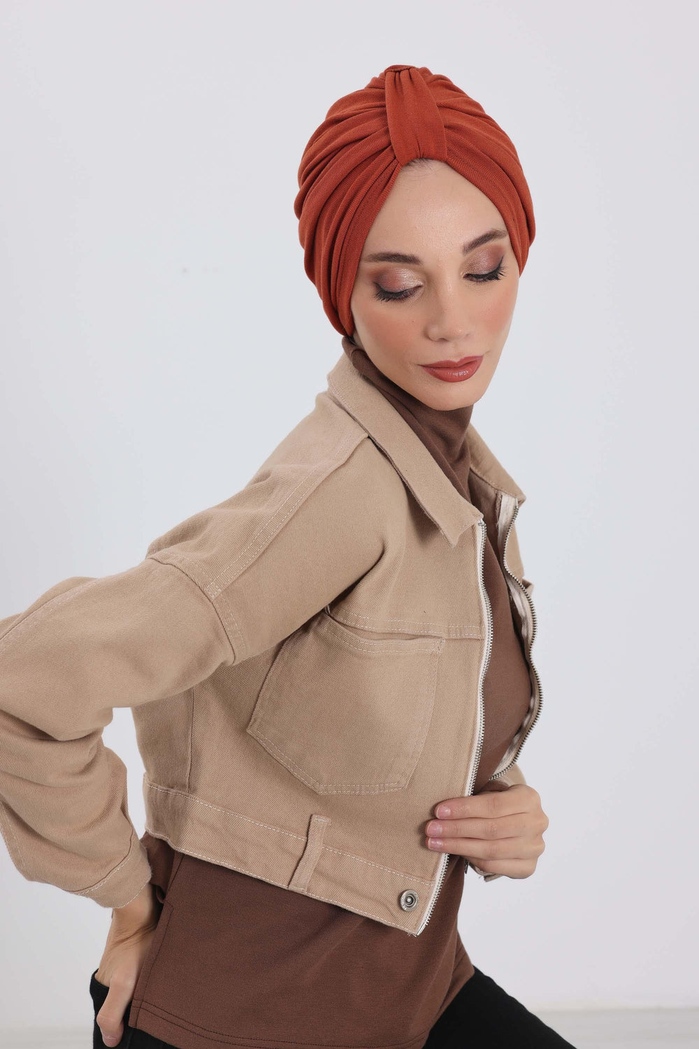 Cozy Stretch Ribbed Winter Turban for Cancer Patients, Easy-Wear Instant Turban Hijab, Soft Chemo Headscarf for Women,B-68RB Tile Red