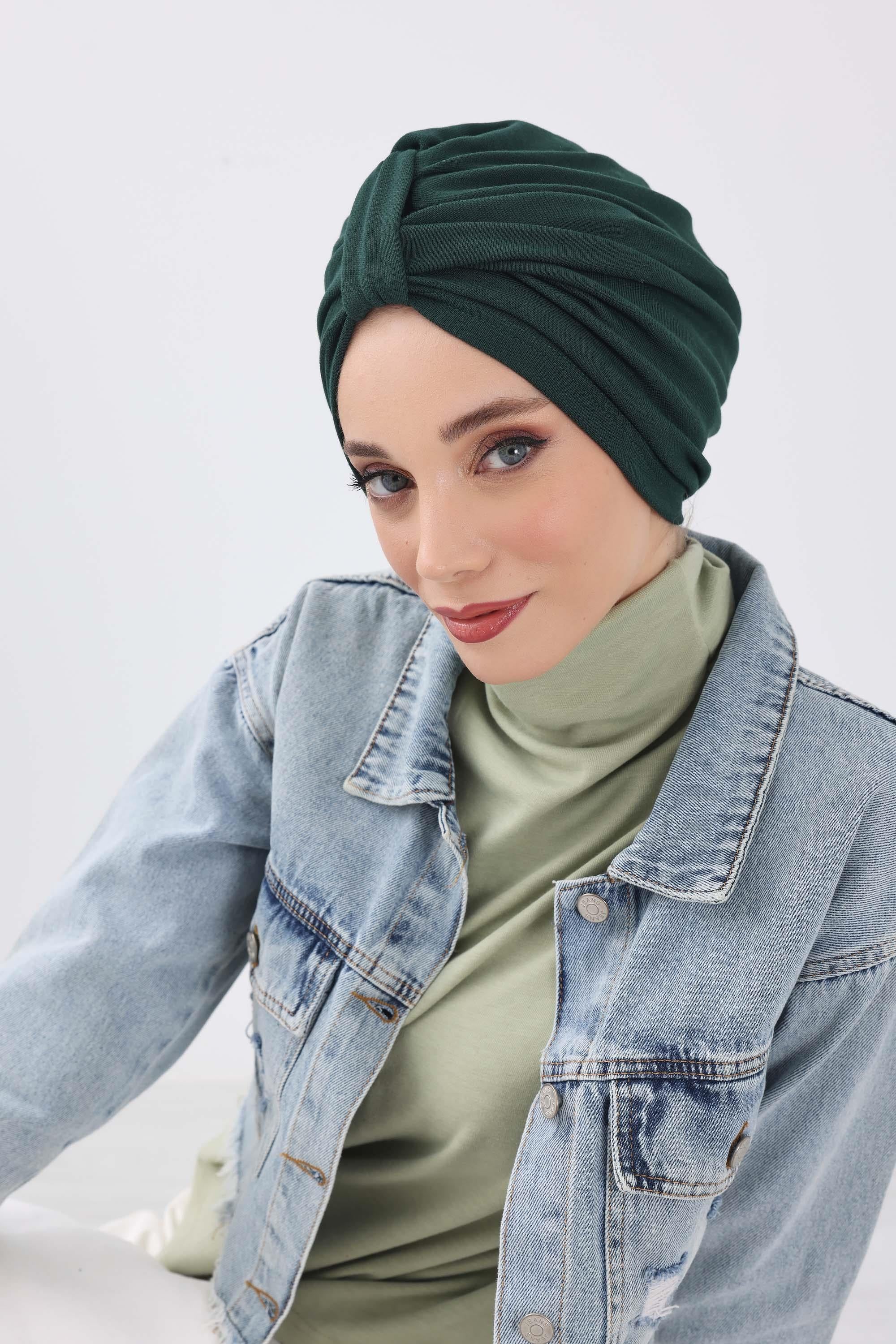 Cozy Stretch Ribbed Winter Turban for Cancer Patients, Easy-Wear Instant Turban Hijab, Soft Chemo Headscarf for Women,B-68RB Duck Green