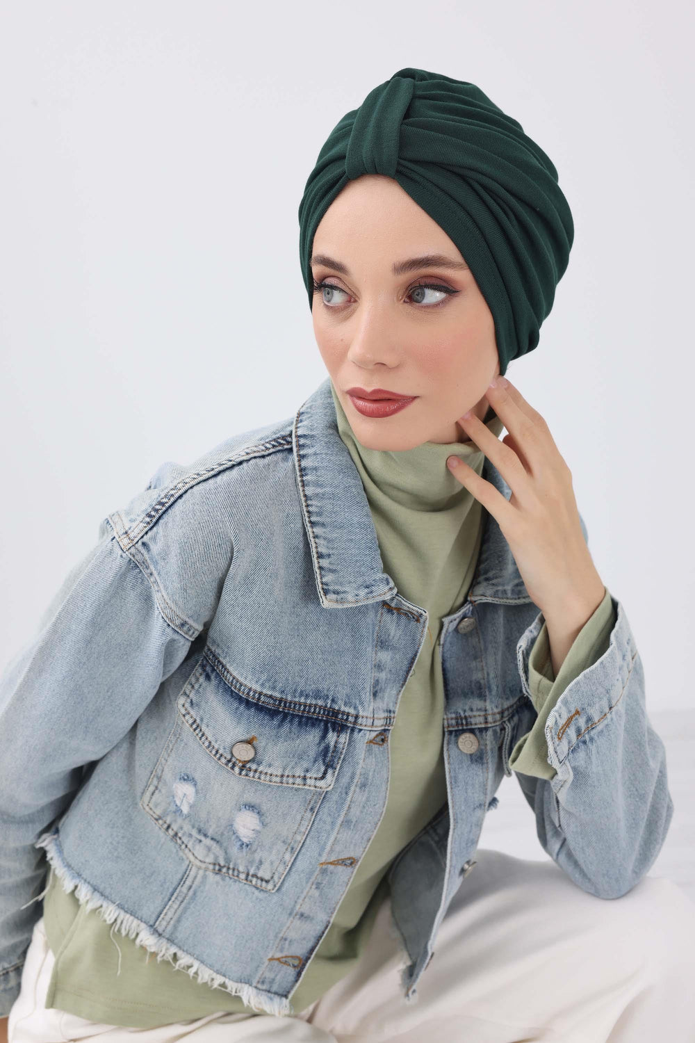 Cozy Stretch Ribbed Winter Turban for Cancer Patients, Easy-Wear Instant Turban Hijab, Soft Chemo Headscarf for Women,B-68RB Duck Green