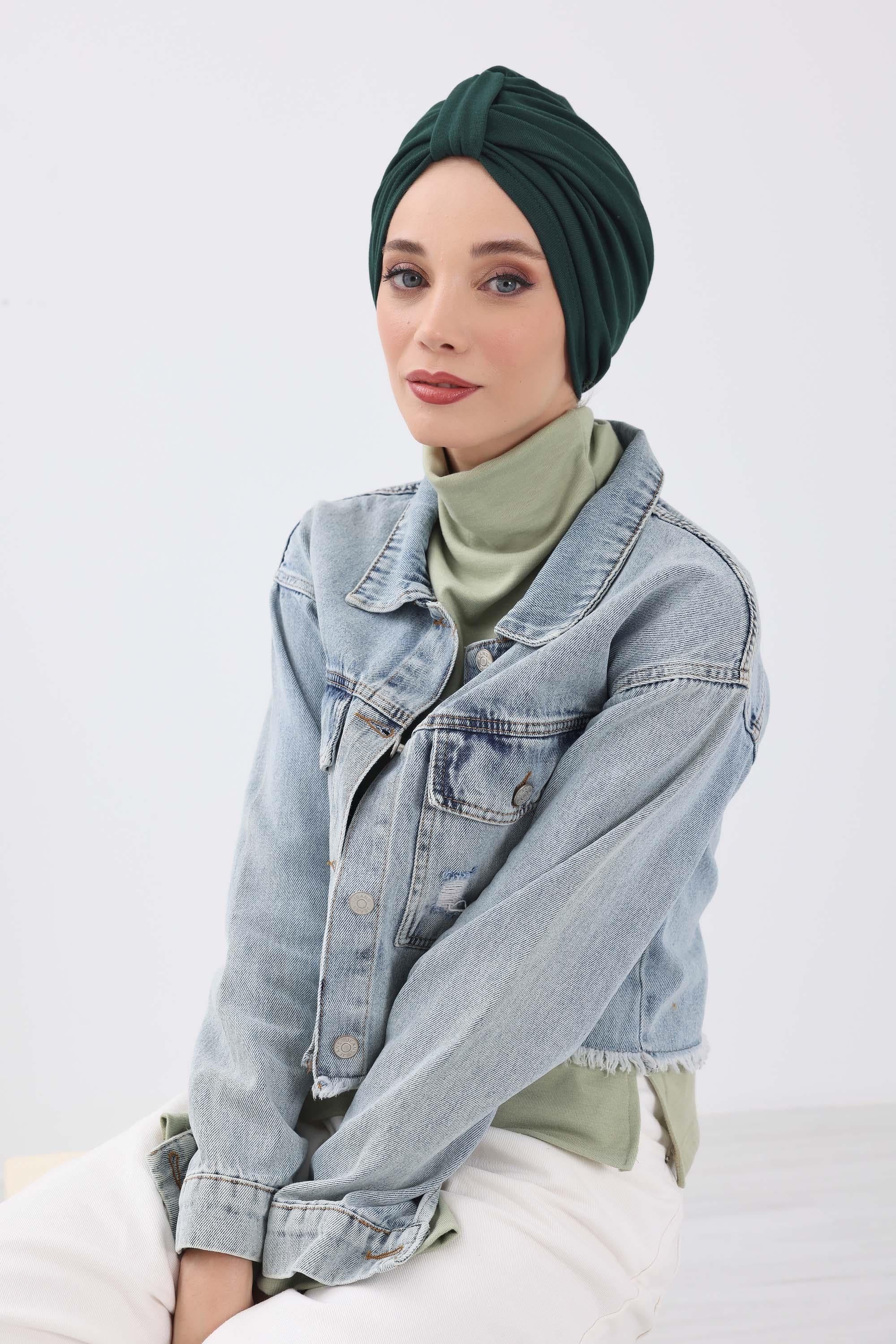 Cozy Stretch Ribbed Winter Turban for Cancer Patients, Easy-Wear Instant Turban Hijab, Soft Chemo Headscarf for Women,B-68RB Duck Green