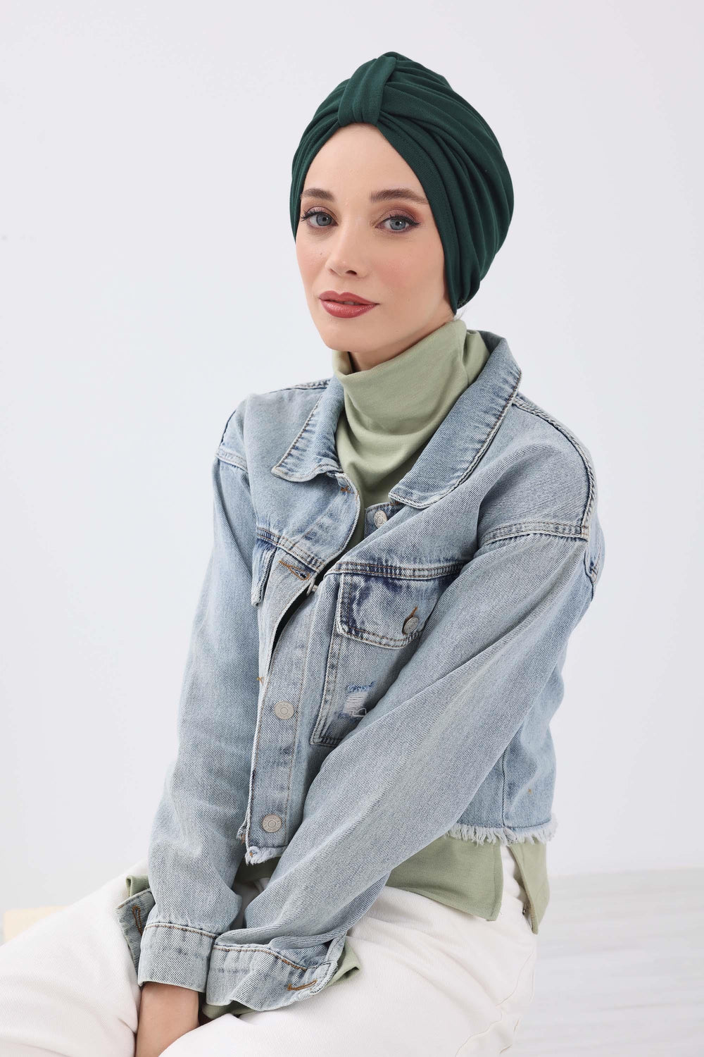 Cozy Stretch Ribbed Winter Turban for Cancer Patients, Easy-Wear Instant Turban Hijab, Soft Chemo Headscarf for Women,B-68RB Duck Green