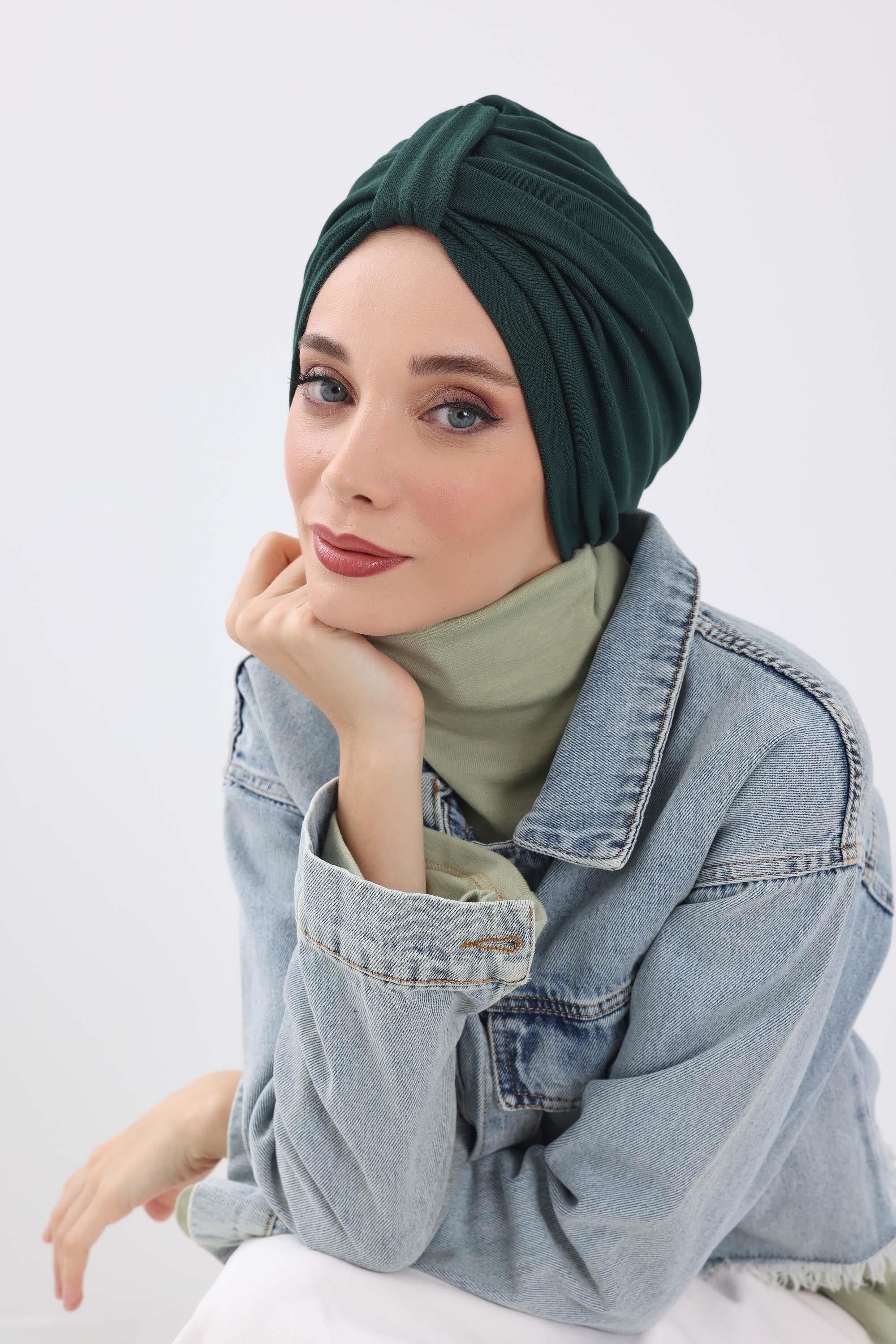 Cozy Stretch Ribbed Winter Turban for Cancer Patients, Easy-Wear Instant Turban Hijab, Soft Chemo Headscarf for Women,B-68RB Duck Green