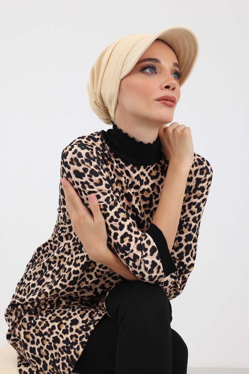 Stylish Visor Hijab Turban for Winter, Ribbed Polyviscose Instant Turban Bonnet for Women, Warm Winter Turban with Built-In Visor,B-73IV