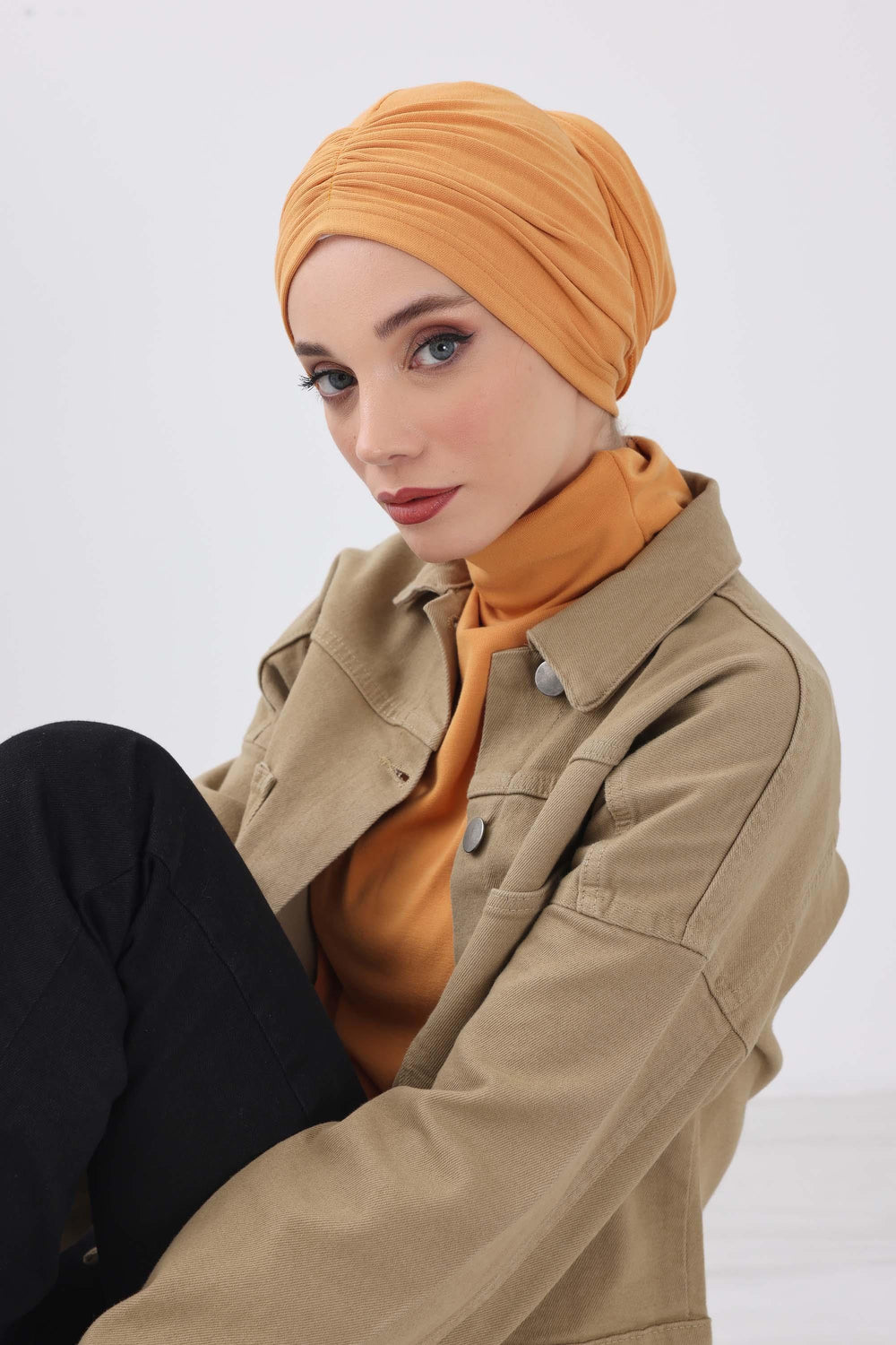 Seamless Winter Turban Bonnet with Integrated Scarf, Cozy Ribbed Headwrap for Women, Stylish Instant Turban Bonnet for Women,B-81RB Orange