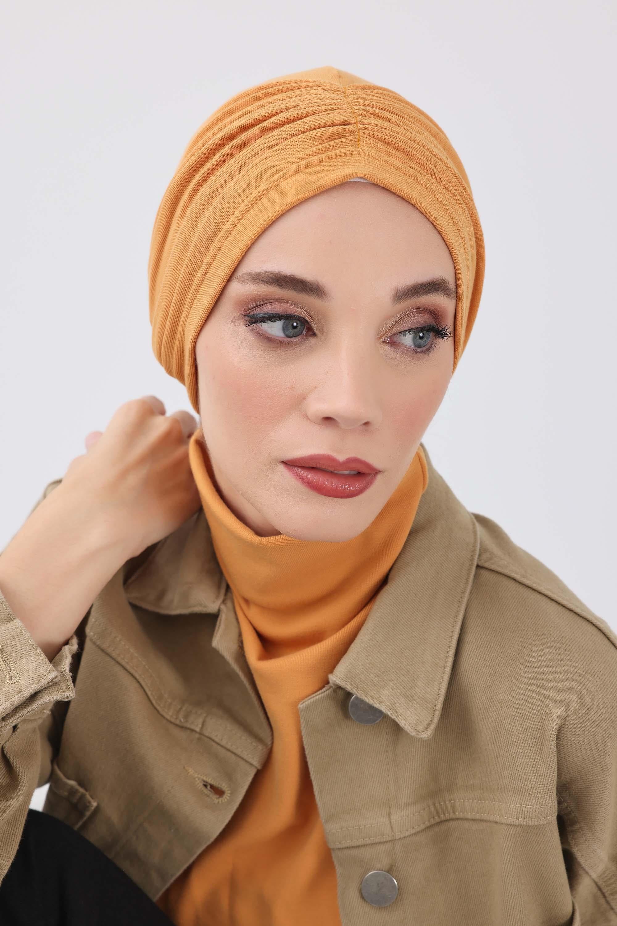 Seamless Winter Turban Bonnet with Integrated Scarf, Cozy Ribbed Headwrap for Women, Stylish Instant Turban Bonnet for Women,B-81RB Orange
