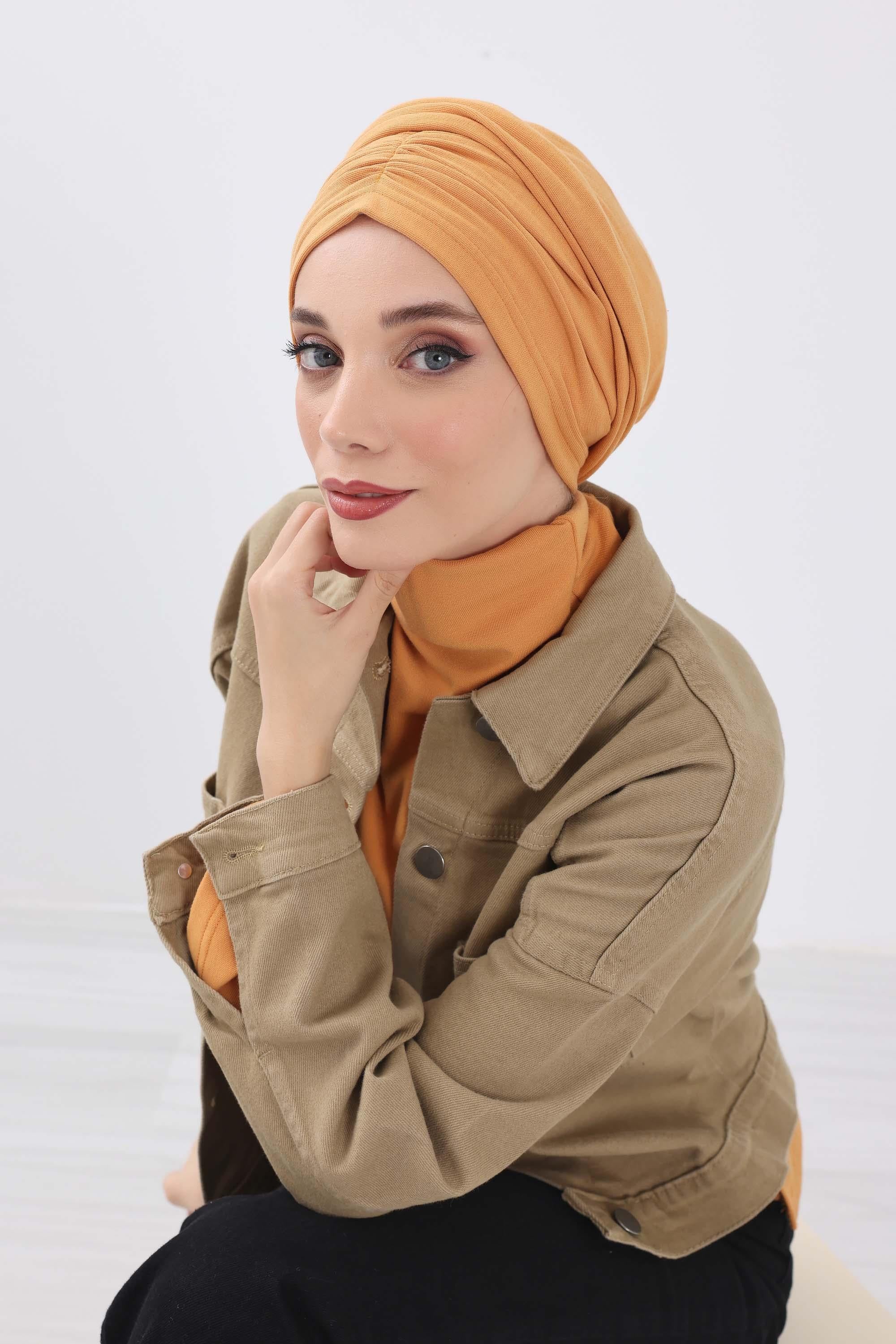 Seamless Winter Turban Bonnet with Integrated Scarf, Cozy Ribbed Headwrap for Women, Stylish Instant Turban Bonnet for Women,B-81RB Orange