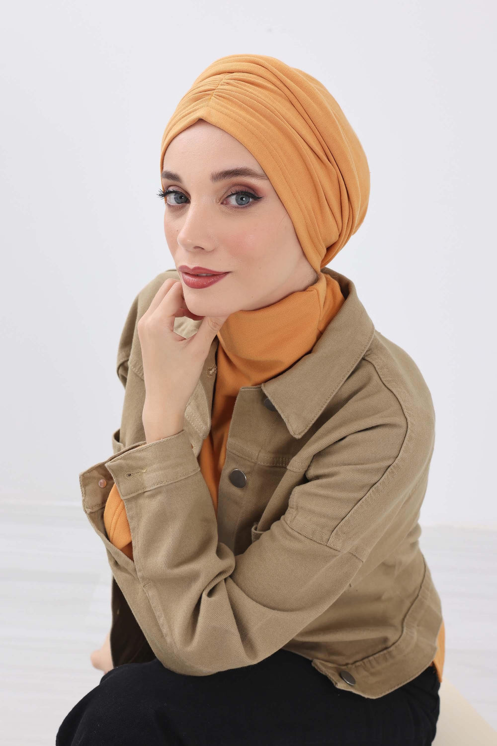 Seamless Winter Turban Bonnet with Integrated Scarf, Cozy Ribbed Headwrap for Women, Stylish Instant Turban Bonnet for Women,B-81RB Orange