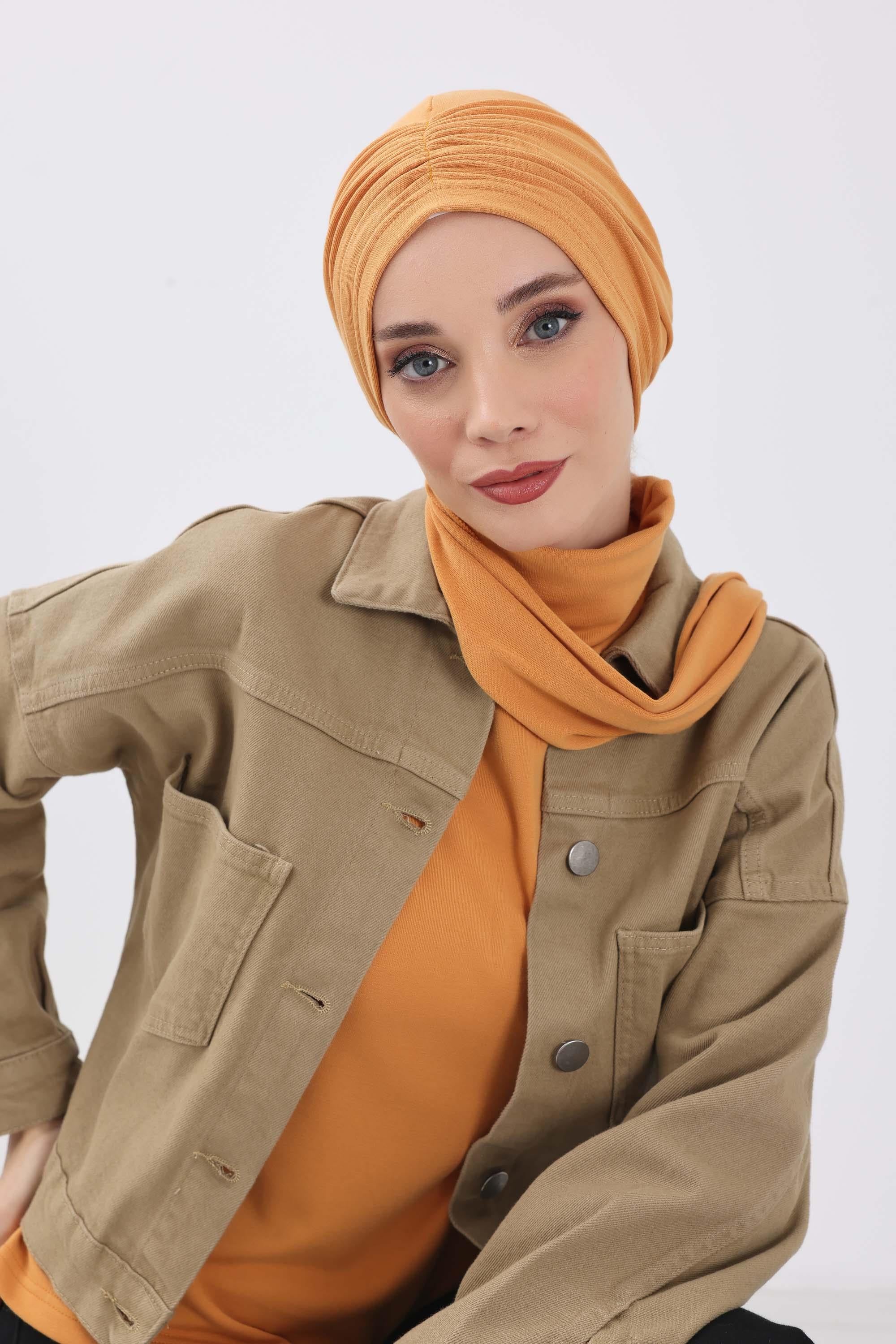 Seamless Winter Turban Bonnet with Integrated Scarf, Cozy Ribbed Headwrap for Women, Stylish Instant Turban Bonnet for Women,B-81RB Orange