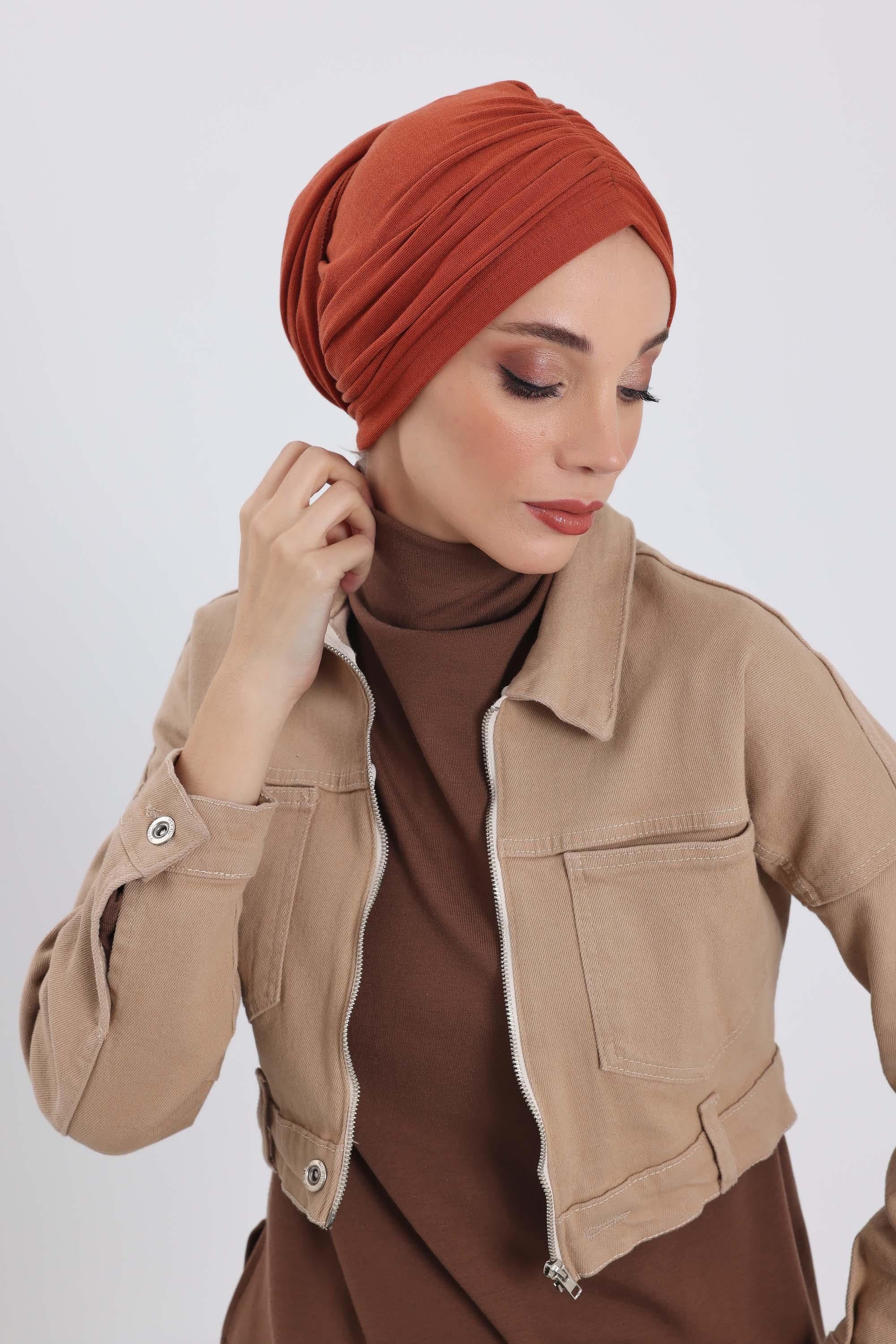 Seamless Winter Turban Bonnet with Integrated Scarf, Cozy Ribbed Headwrap for Women, Stylish Instant Turban Bonnet for Women,B-81RB Tile Red