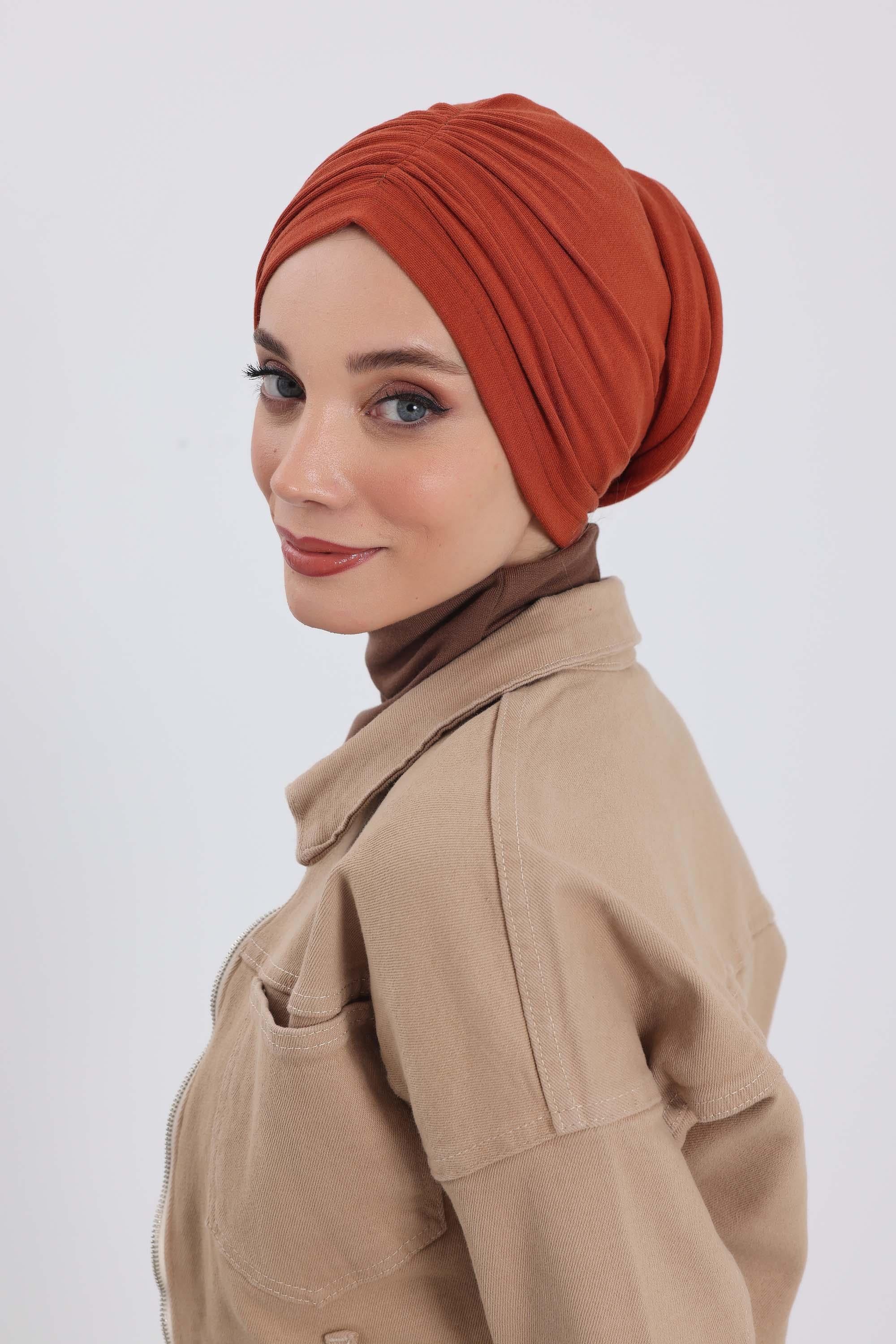 Seamless Winter Turban Bonnet with Integrated Scarf, Cozy Ribbed Headwrap for Women, Stylish Instant Turban Bonnet for Women,B-81RB Tile Red