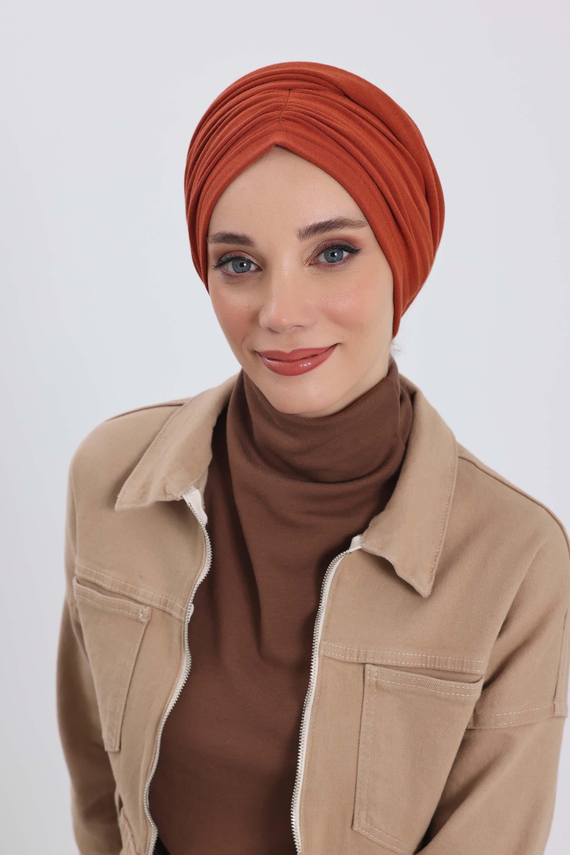 Seamless Winter Turban Bonnet with Integrated Scarf, Cozy Ribbed Headwrap for Women, Stylish Instant Turban Bonnet for Women,B-81RB Tile Red