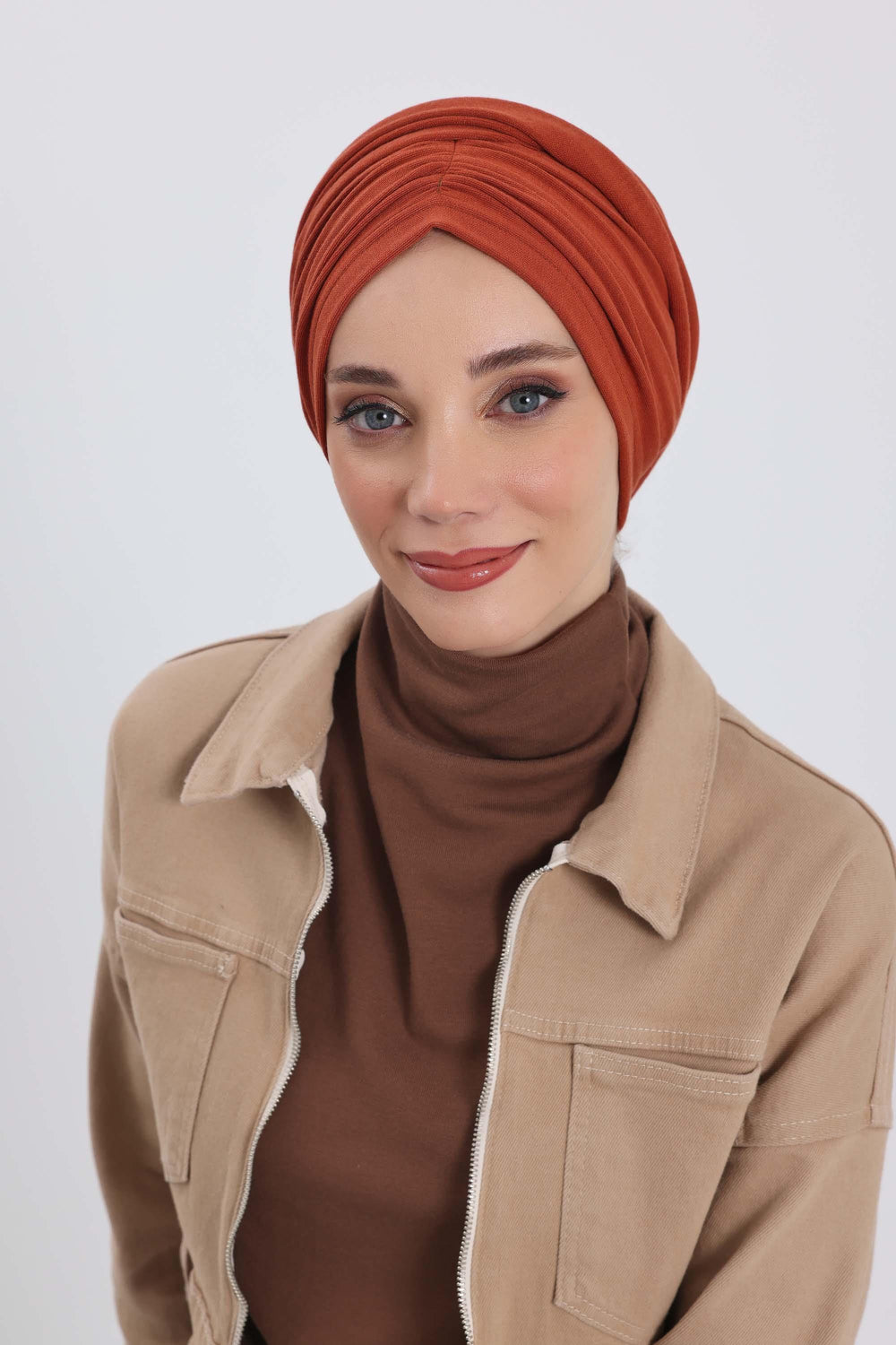 Seamless Winter Turban Bonnet with Integrated Scarf, Cozy Ribbed Headwrap for Women, Stylish Instant Turban Bonnet for Women,B-81RB Tile Red
