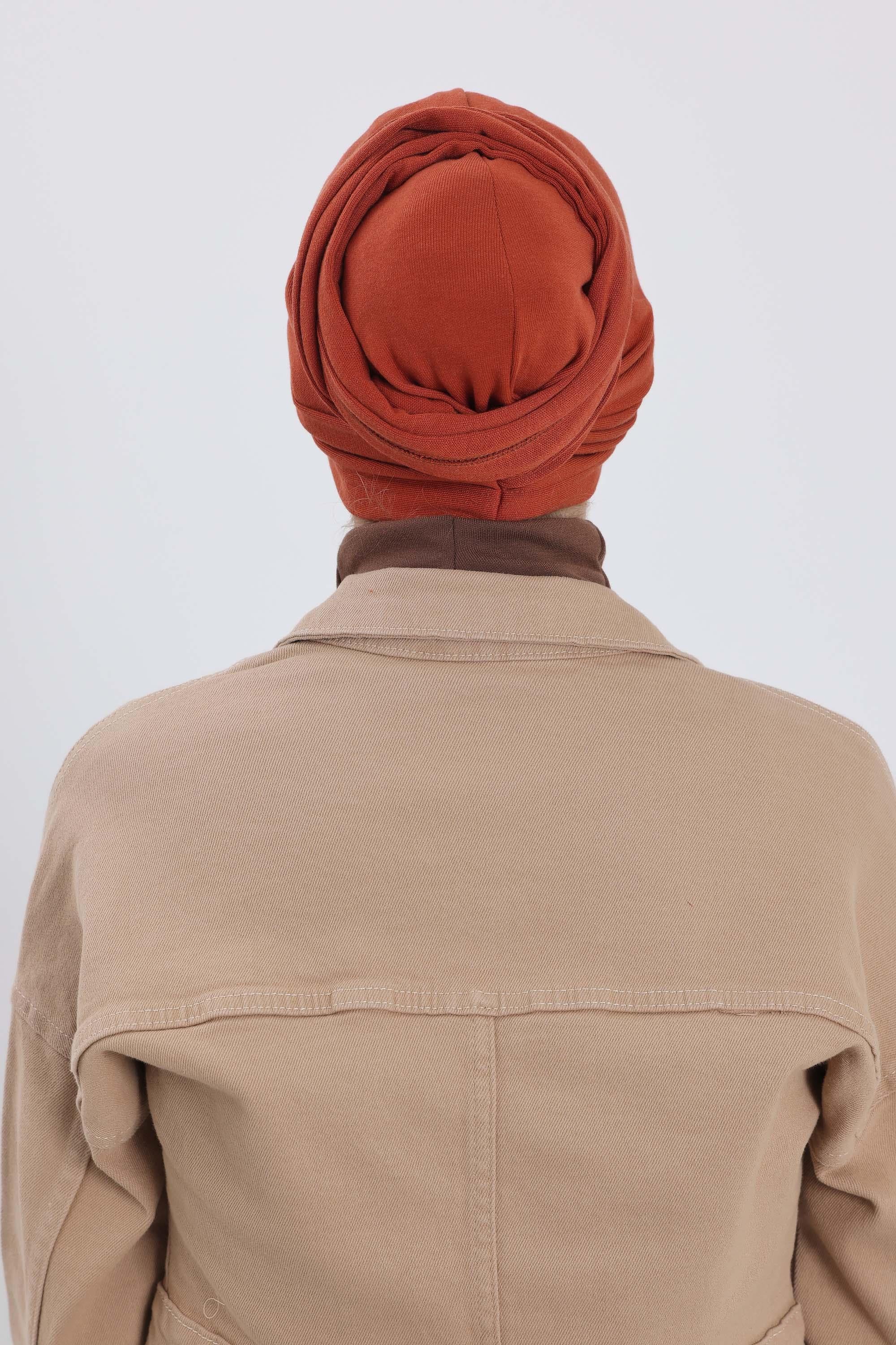 Seamless Winter Turban Bonnet with Integrated Scarf, Cozy Ribbed Headwrap for Women, Stylish Instant Turban Bonnet for Women,B-81RB Tile Red