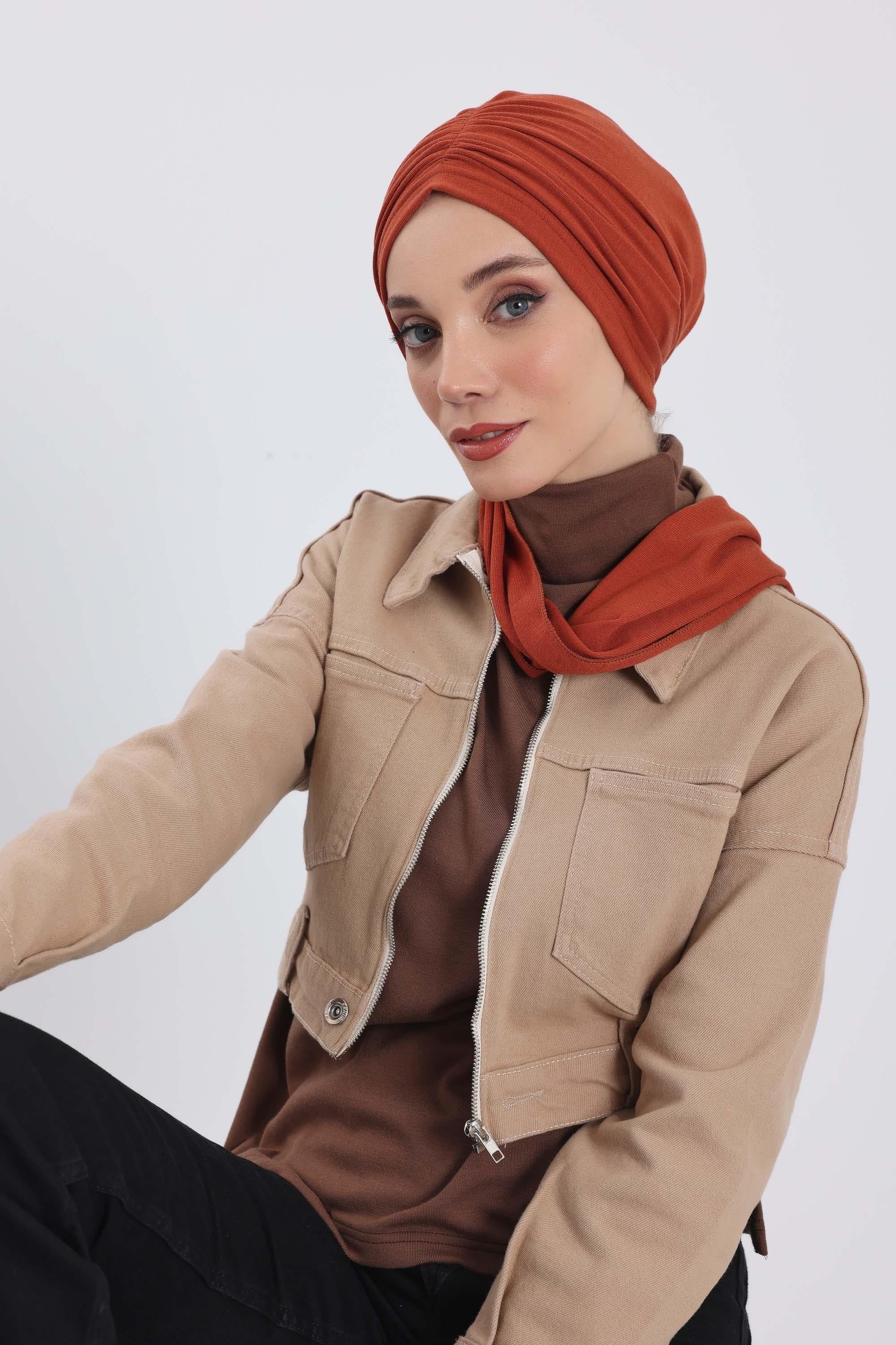 Seamless Winter Turban Bonnet with Integrated Scarf, Cozy Ribbed Headwrap for Women, Stylish Instant Turban Bonnet for Women,B-81RB Tile Red