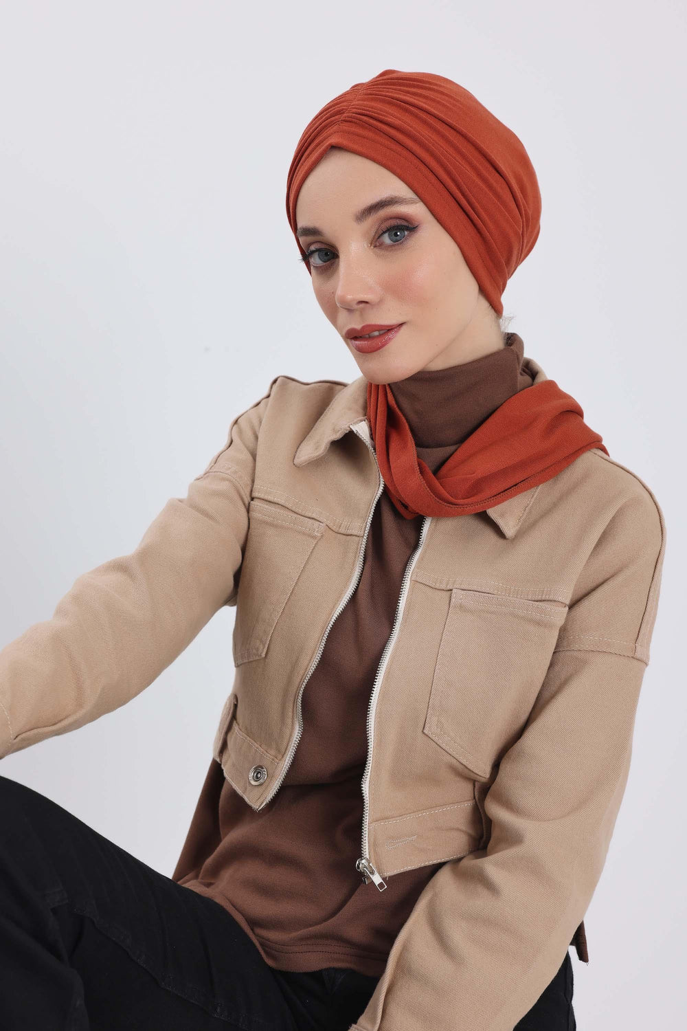 Seamless Winter Turban Bonnet with Integrated Scarf, Cozy Ribbed Headwrap for Women, Stylish Instant Turban Bonnet for Women,B-81RB Tile Red