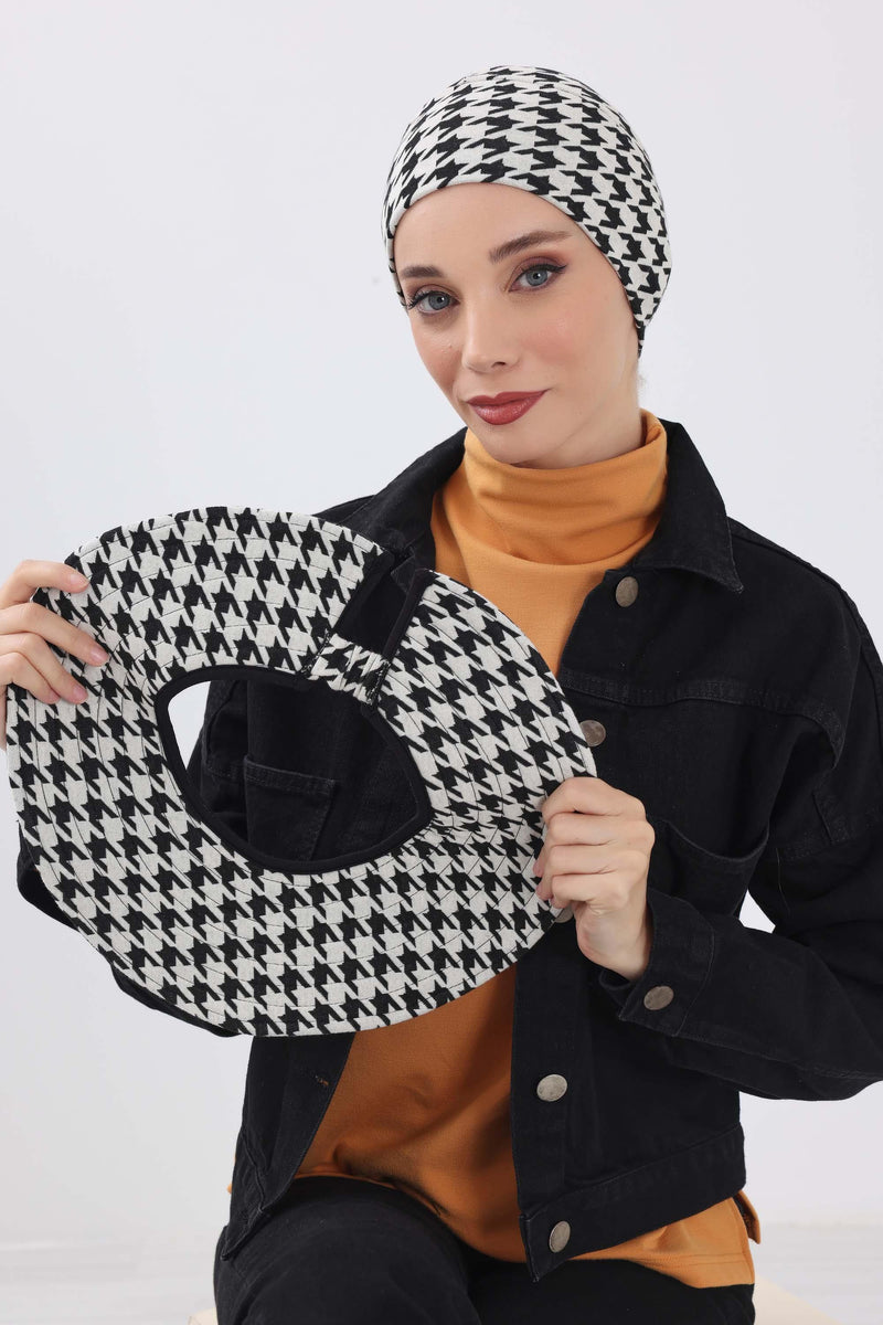 قبعة شمس بنمط جلد النمر ونقشة المربعات مع حاجب مطاطي قابل للفصل، غطاء رأس واقي من الشمس للنساء، S-3DIV