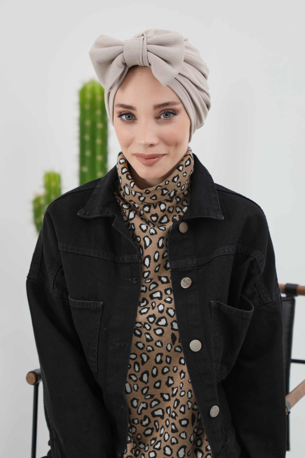 Comfortable Winter Turban Bonnet with Detachable Bowtie, One-Size Removable Bow Turban for Cold Weather, Cozy Ribbed Instant Turban,B-27RB Mink