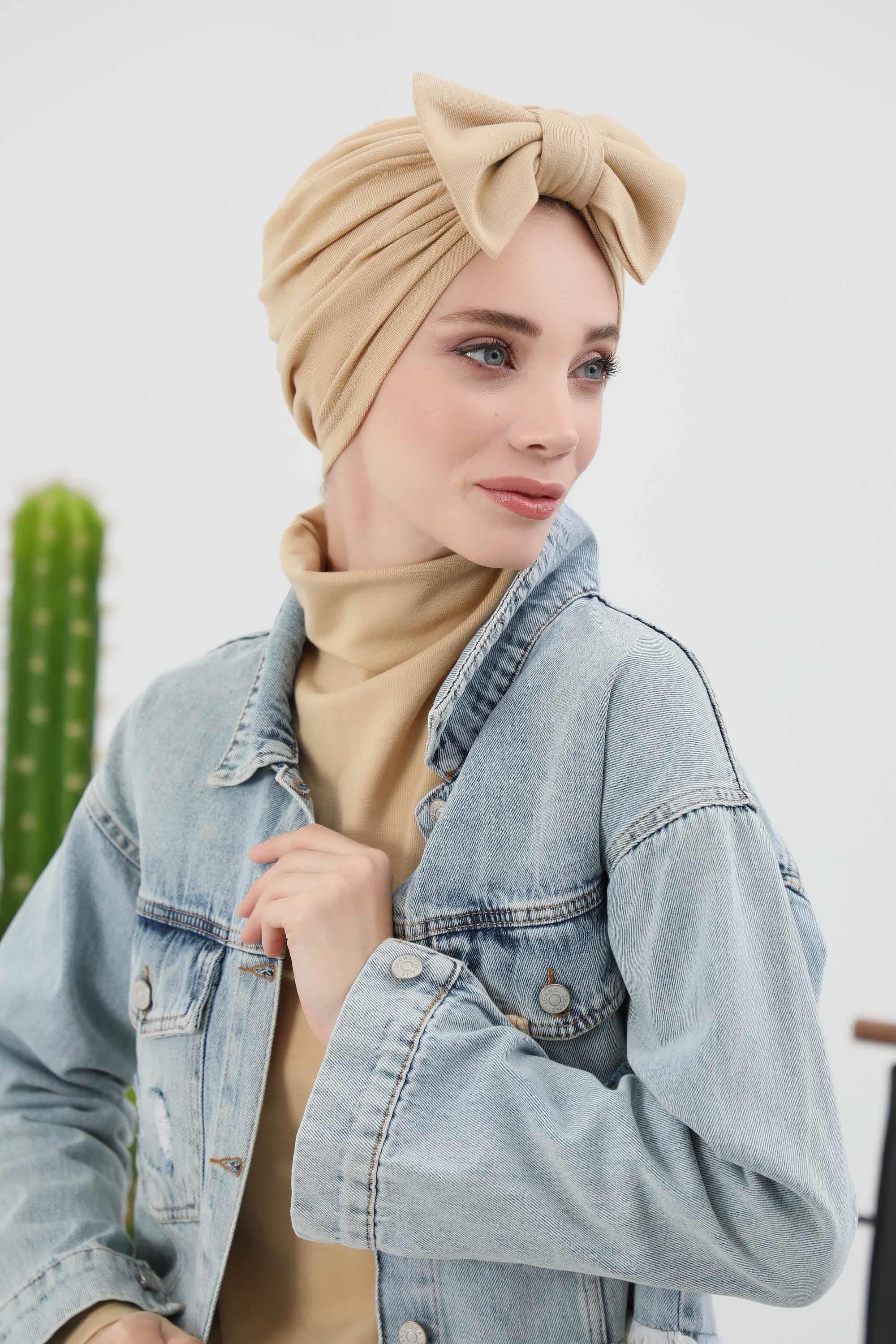 Comfortable Winter Turban Bonnet with Detachable Bowtie, One-Size Removable Bow Turban for Cold Weather, Cozy Ribbed Instant Turban,B-27RB Beige