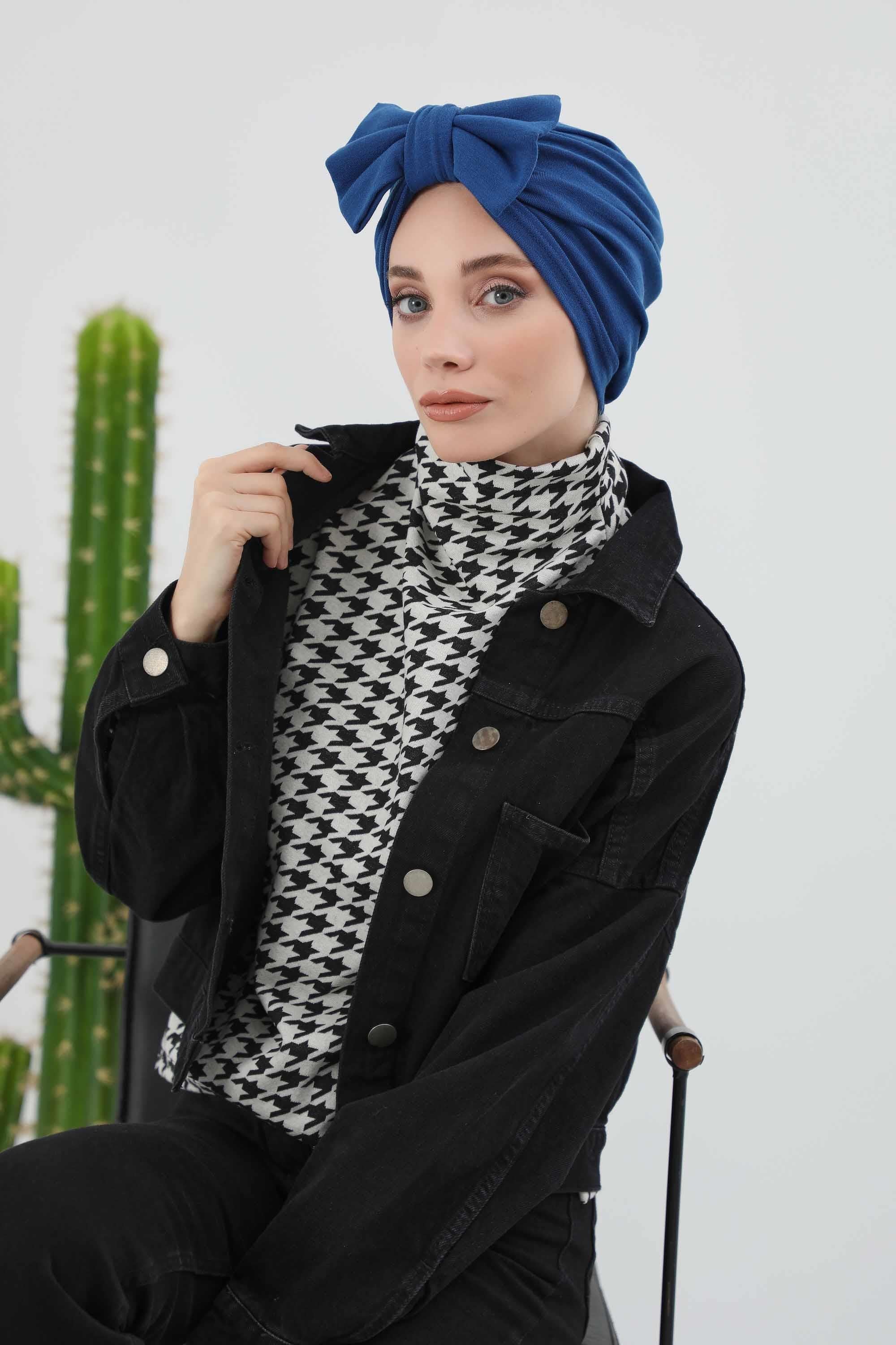 Comfortable Winter Turban Bonnet with Detachable Bowtie, One-Size Removable Bow Turban for Cold Weather, Cozy Ribbed Instant Turban,B-27RB Beige