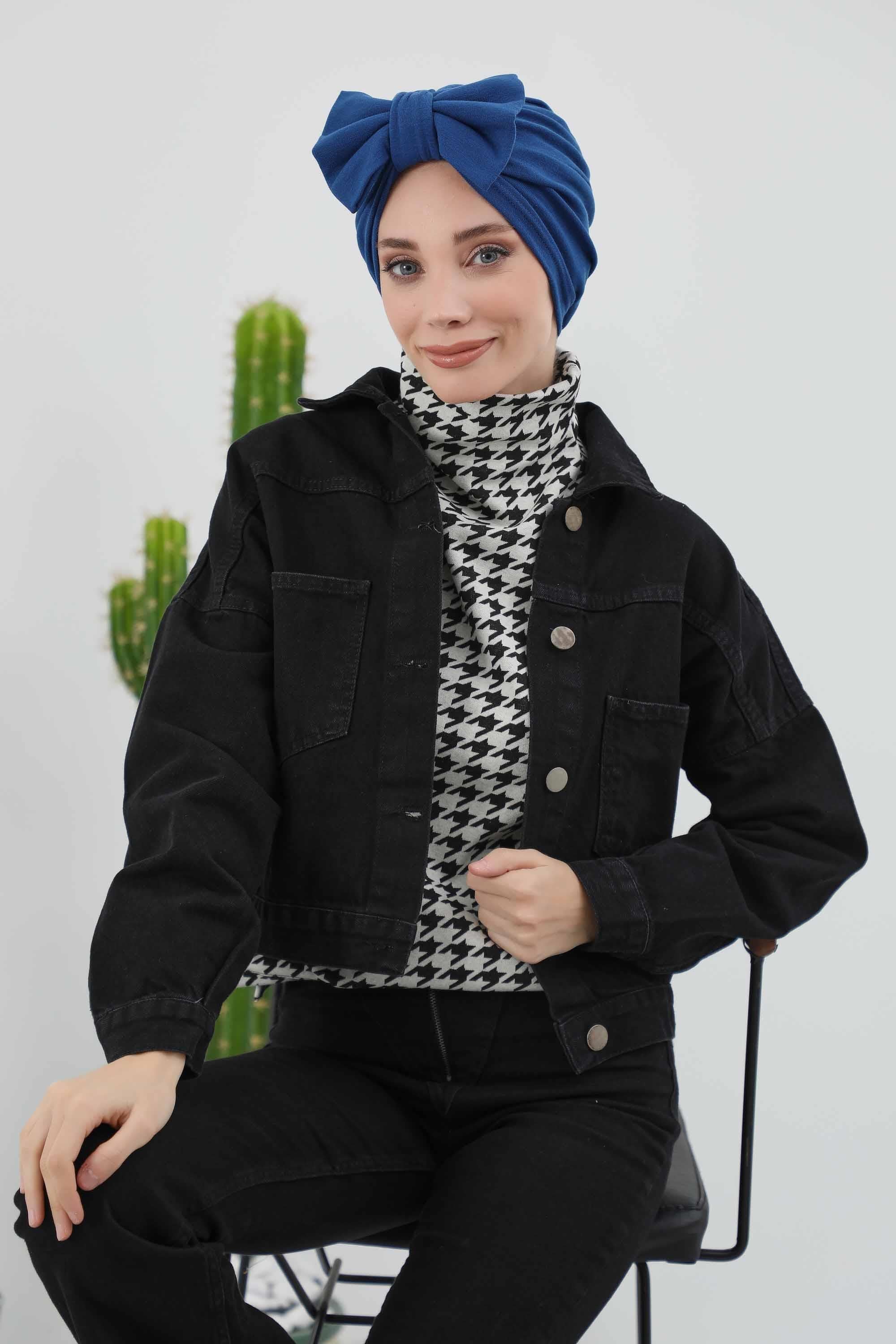 Comfortable Winter Turban Bonnet with Detachable Bowtie, One-Size Removable Bow Turban for Cold Weather, Cozy Ribbed Instant Turban,B-27RB Beige