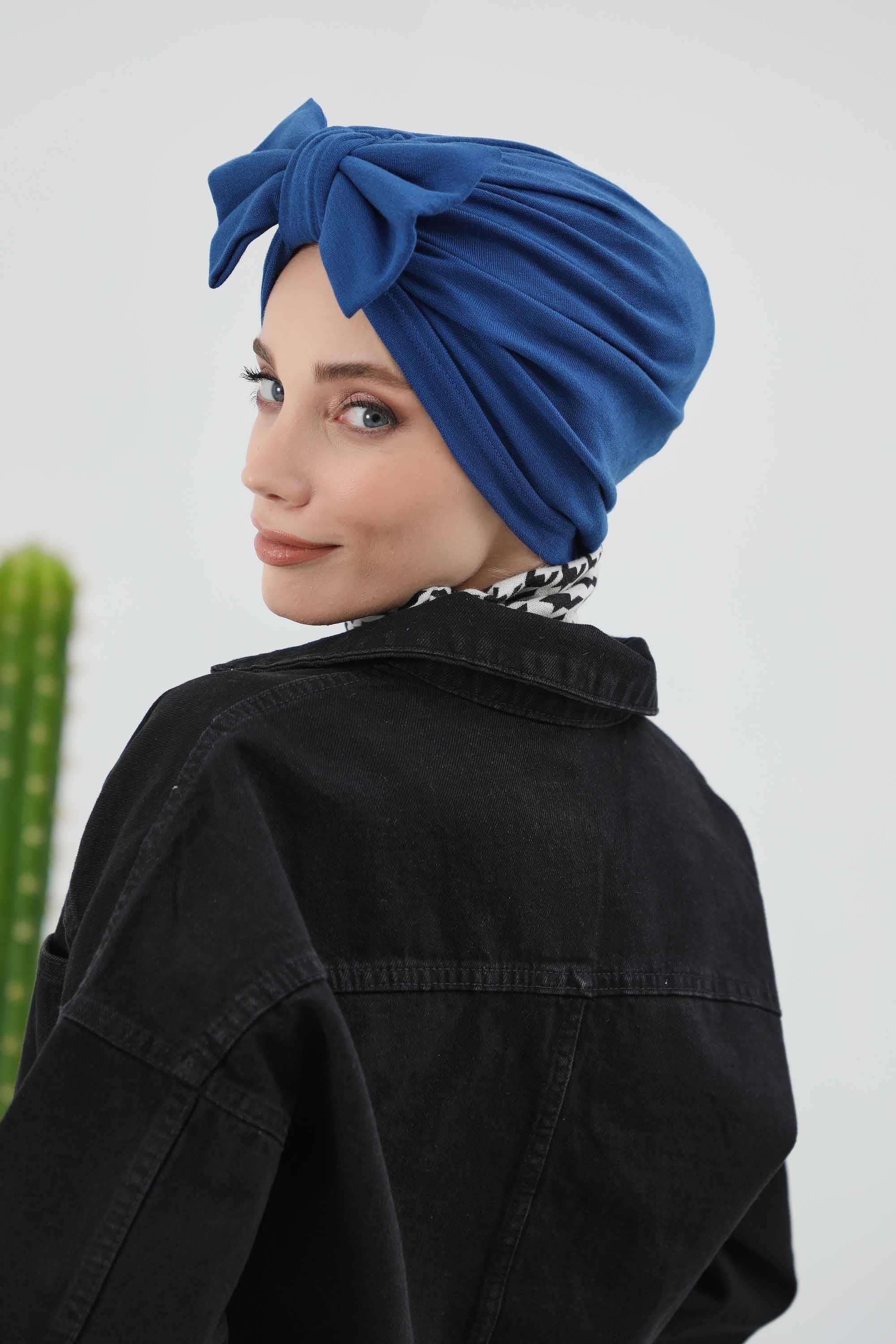 Comfortable Winter Turban Bonnet with Detachable Bowtie, One-Size Removable Bow Turban for Cold Weather, Cozy Ribbed Instant Turban,B-27RB Beige