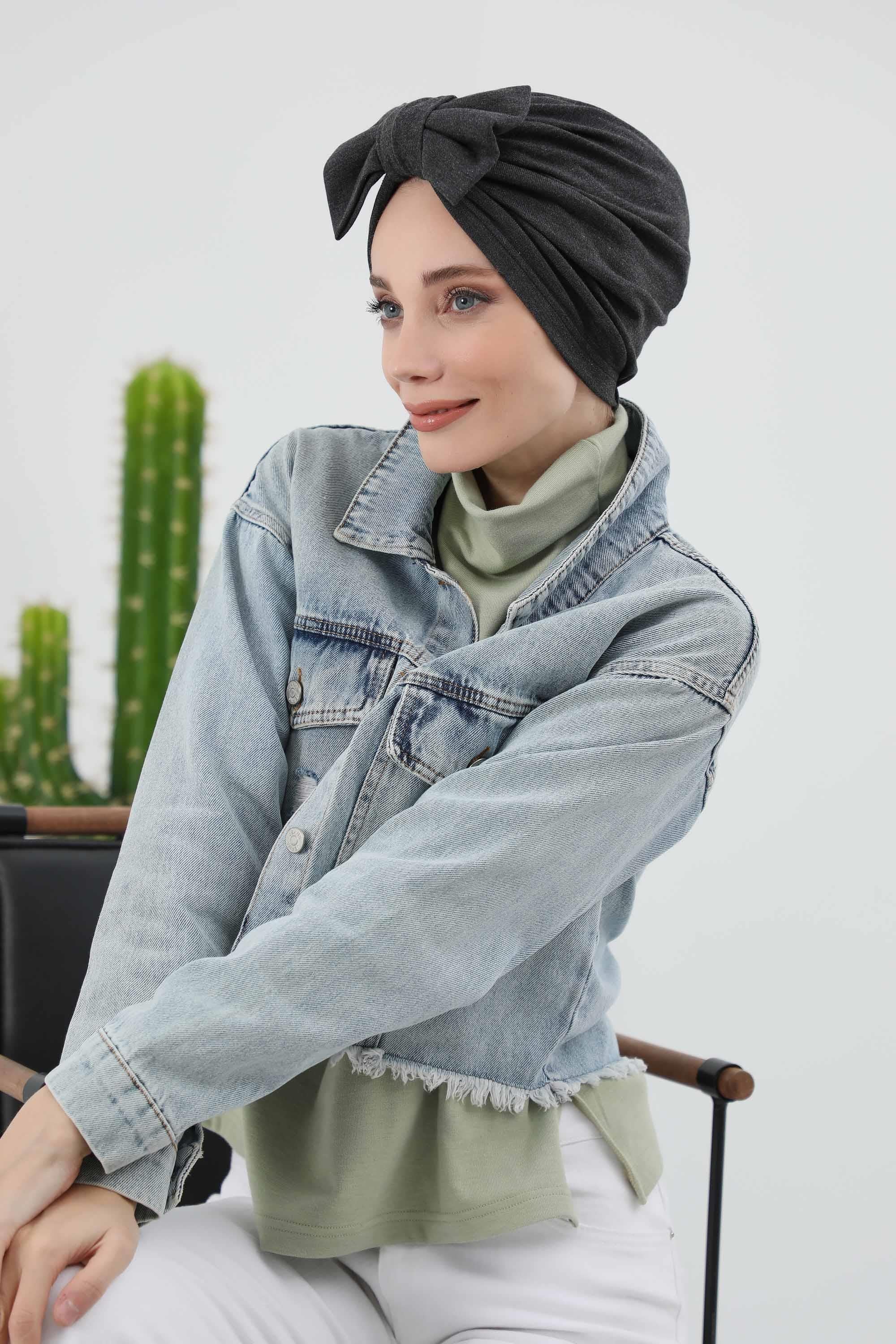 Comfortable Winter Turban Bonnet with Detachable Bowtie, One-Size Removable Bow Turban for Cold Weather, Cozy Ribbed Instant Turban,B-27RB Beige