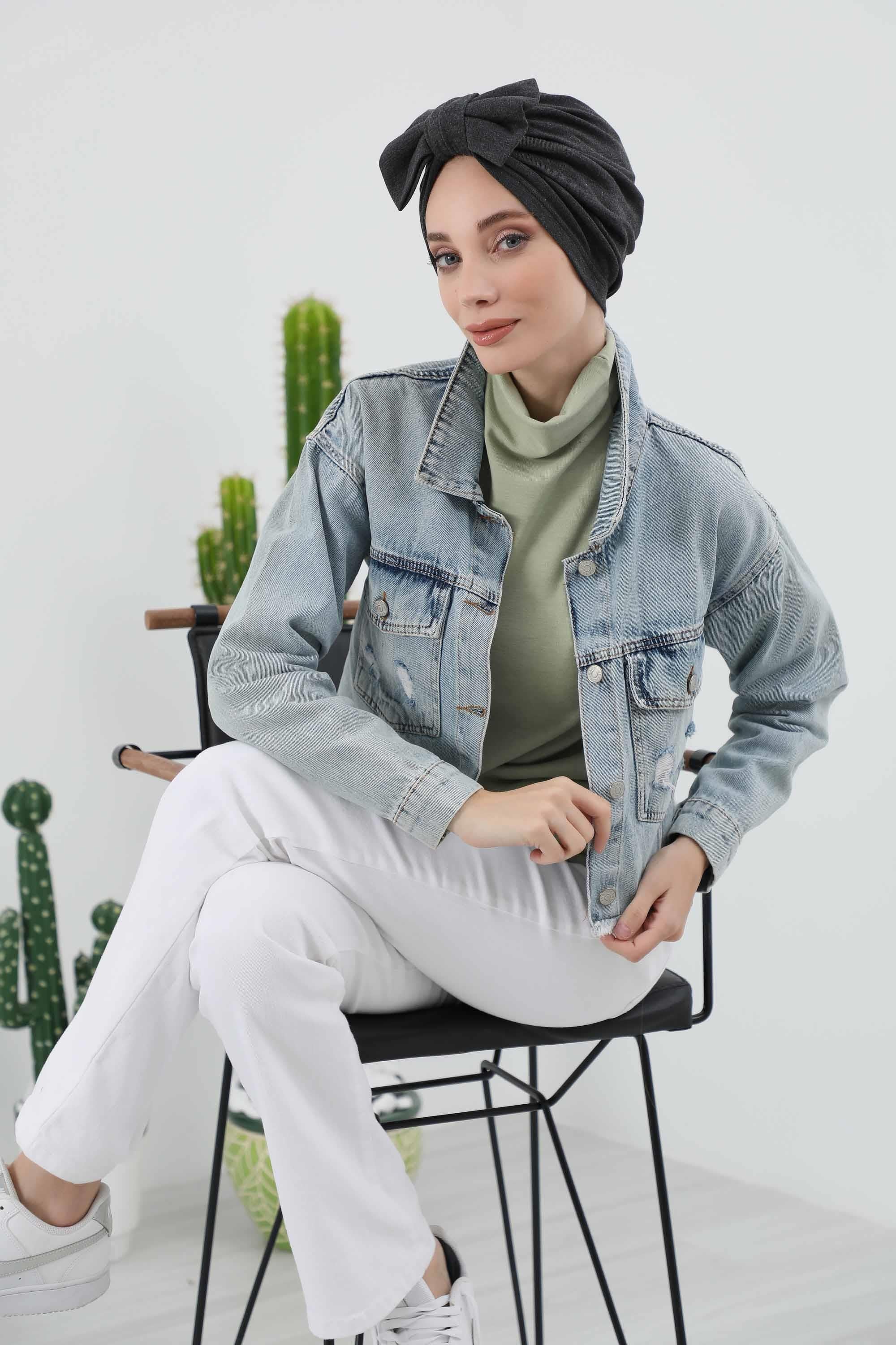 Comfortable Winter Turban Bonnet with Detachable Bowtie, One-Size Removable Bow Turban for Cold Weather, Cozy Ribbed Instant Turban,B-27RB Beige