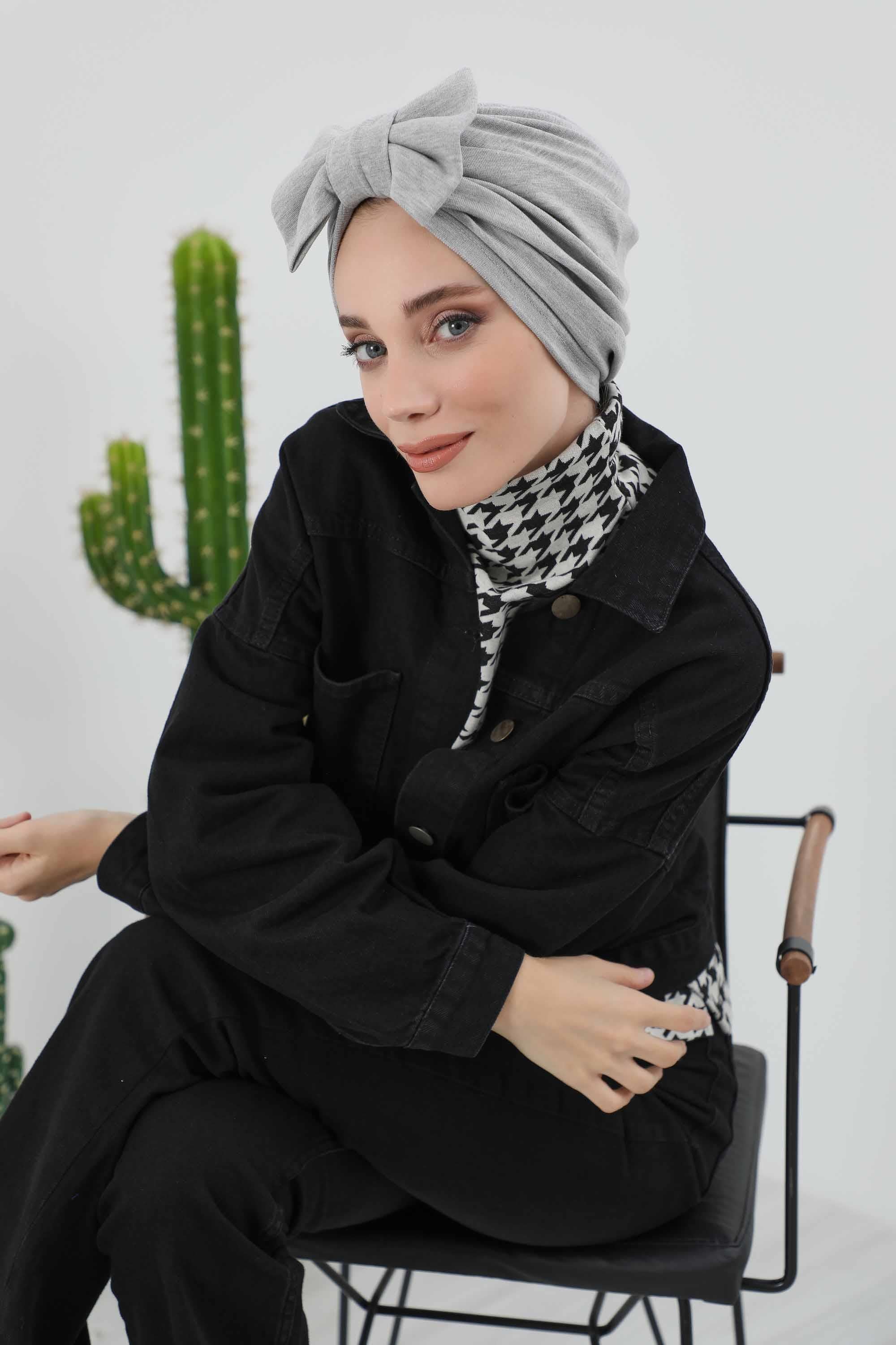 Comfortable Winter Turban Bonnet with Detachable Bowtie, One-Size Removable Bow Turban for Cold Weather, Cozy Ribbed Instant Turban,B-27RB Gray Melange