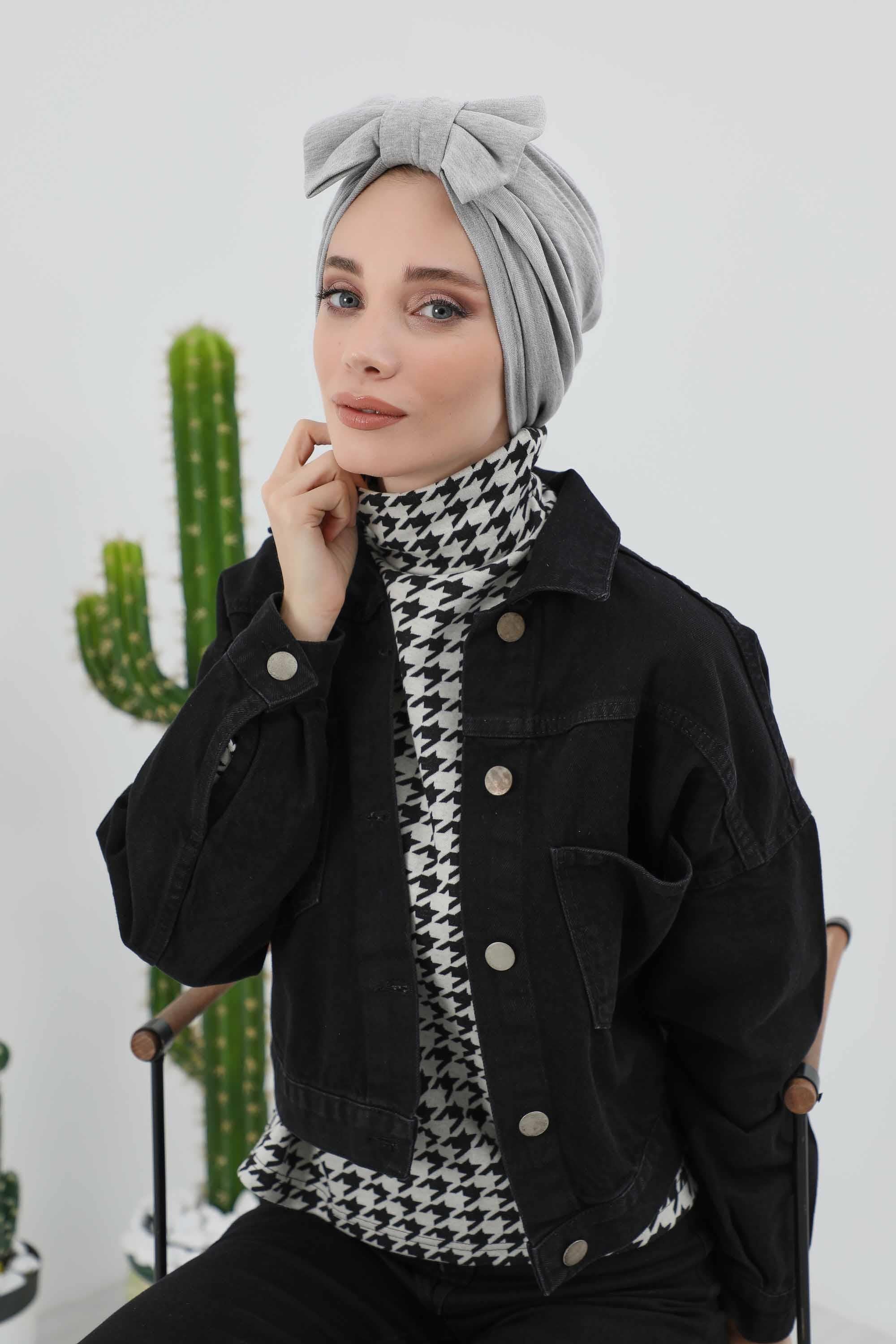 Comfortable Winter Turban Bonnet with Detachable Bowtie, One-Size Removable Bow Turban for Cold Weather, Cozy Ribbed Instant Turban,B-27RB Gray Melange