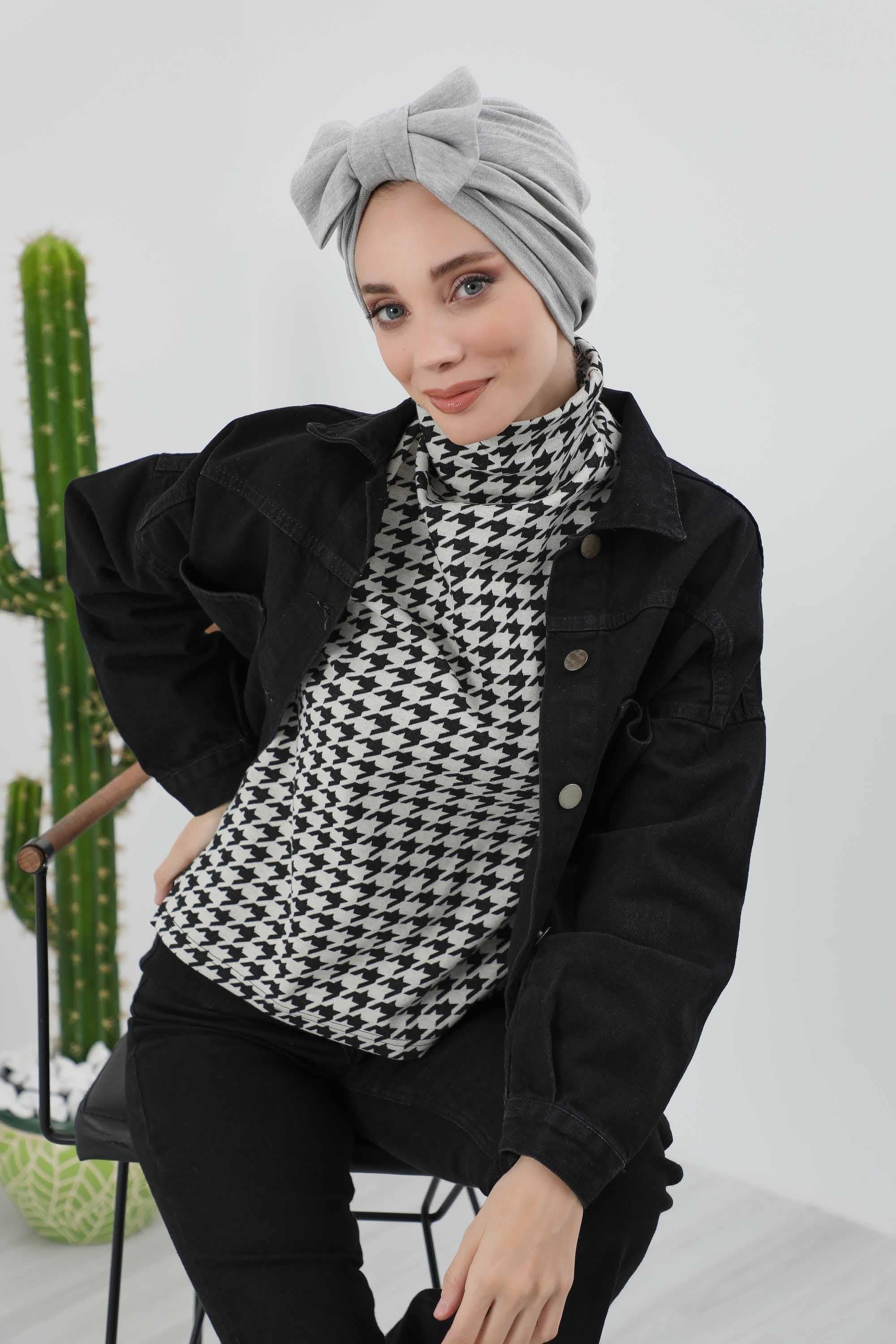 Comfortable Winter Turban Bonnet with Detachable Bowtie, One-Size Removable Bow Turban for Cold Weather, Cozy Ribbed Instant Turban,B-27RB Gray Melange