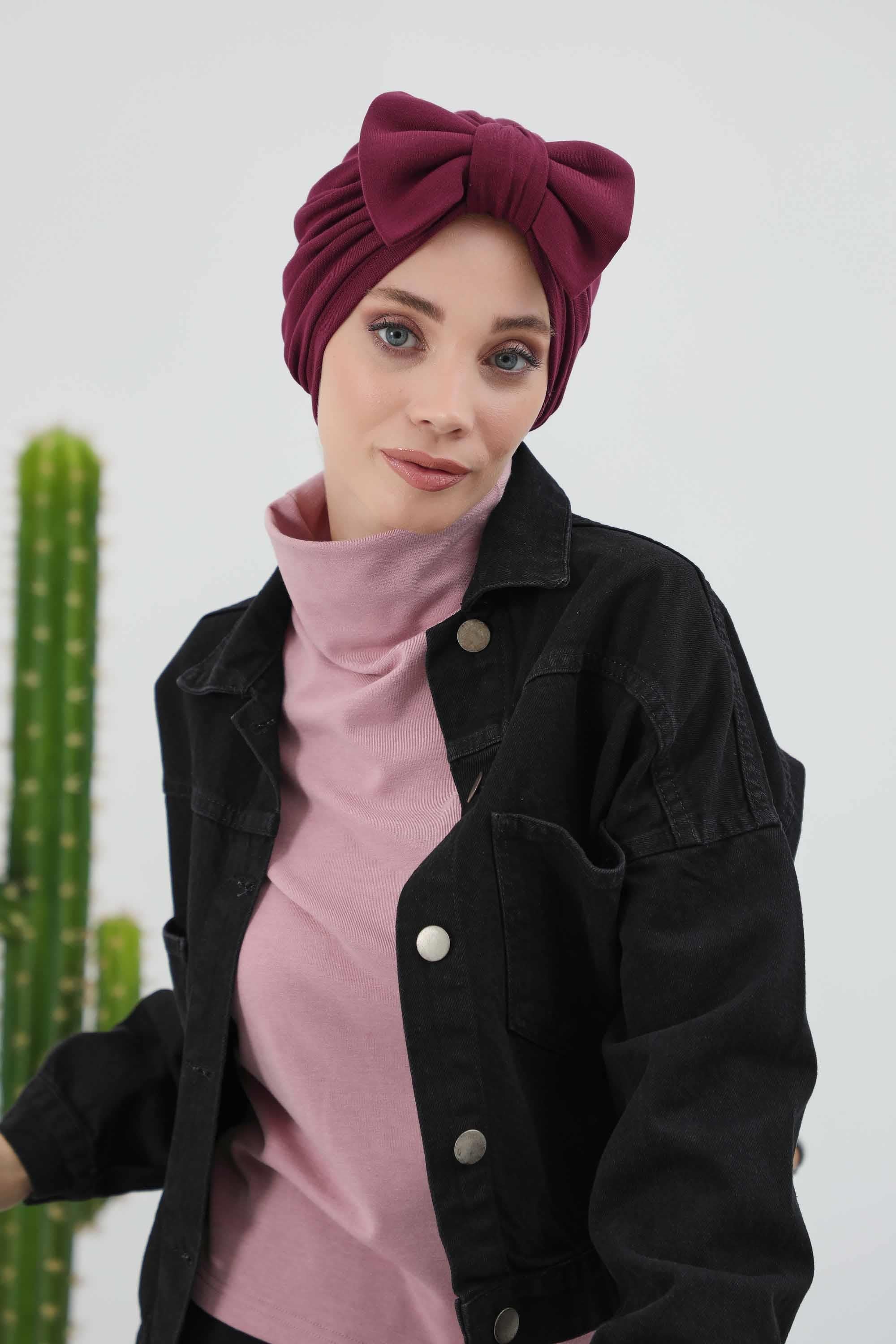 Comfortable Winter Turban Bonnet with Detachable Bowtie, One-Size Removable Bow Turban for Cold Weather, Cozy Ribbed Instant Turban,B-27RB Gray Melange