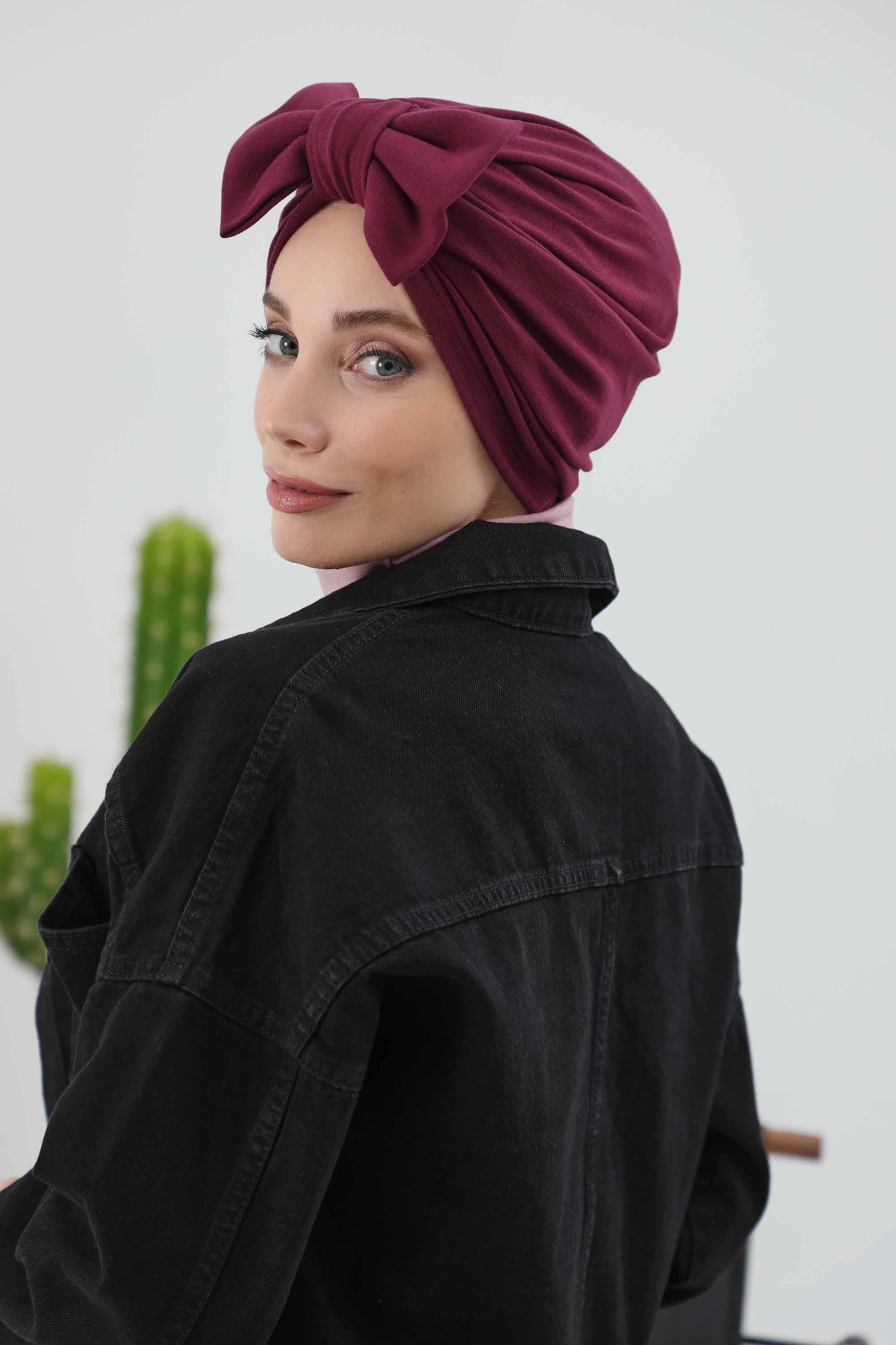 Comfortable Winter Turban Bonnet with Detachable Bowtie, One-Size Removable Bow Turban for Cold Weather, Cozy Ribbed Instant Turban,B-27RB Gray Melange