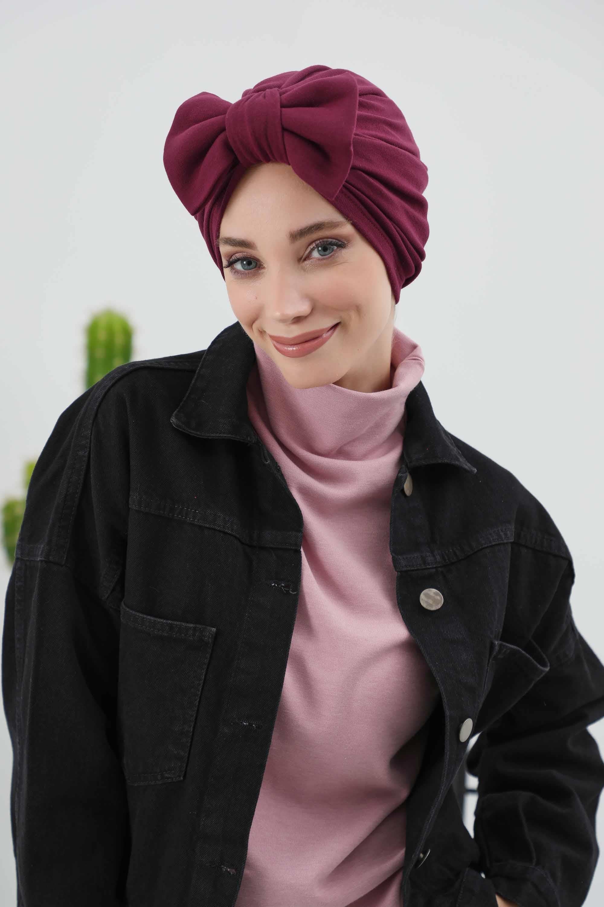 Comfortable Winter Turban Bonnet with Detachable Bowtie, One-Size Removable Bow Turban for Cold Weather, Cozy Ribbed Instant Turban,B-27RB Gray Melange