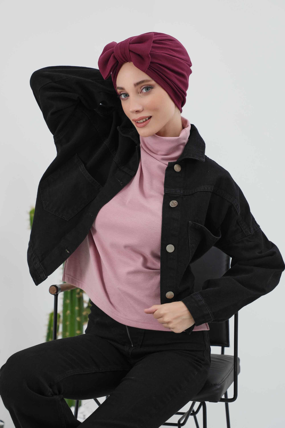 Comfortable Winter Turban Bonnet with Detachable Bowtie, One-Size Removable Bow Turban for Cold Weather, Cozy Ribbed Instant Turban,B-27RB Gray Melange