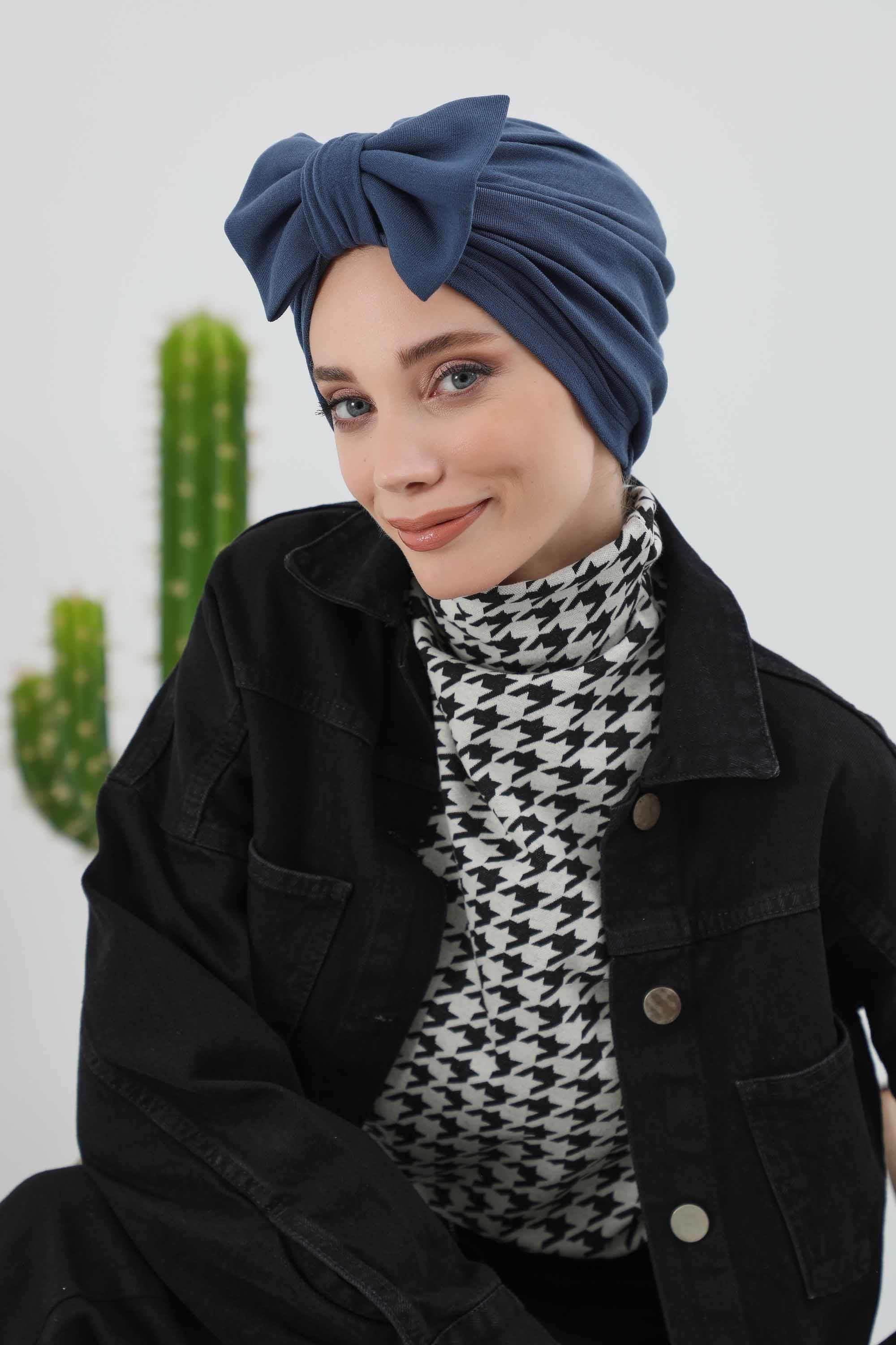 Comfortable Winter Turban Bonnet with Detachable Bowtie, One-Size Removable Bow Turban for Cold Weather, Cozy Ribbed Instant Turban,B-27RB Gray Melange