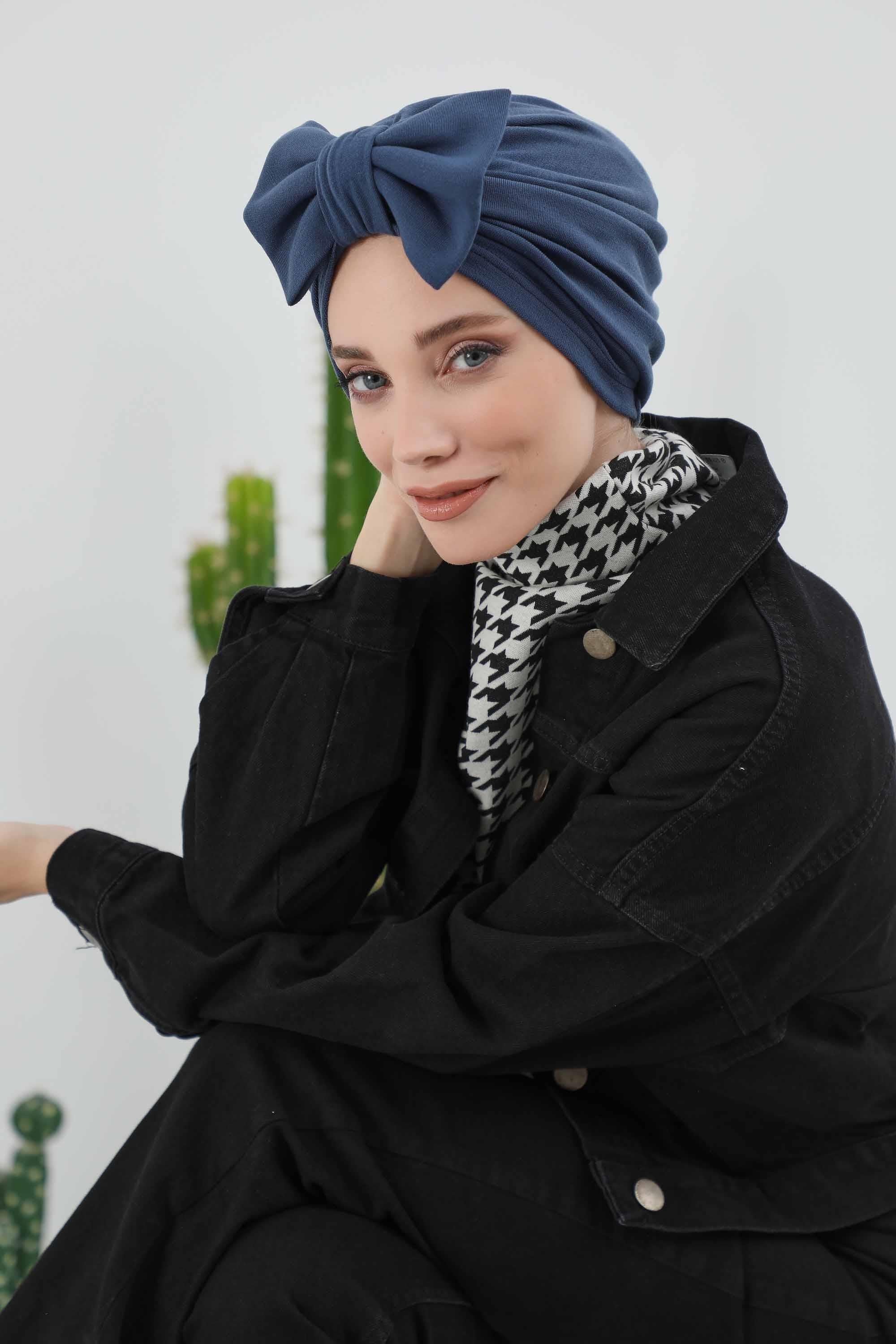 Comfortable Winter Turban Bonnet with Detachable Bowtie, One-Size Removable Bow Turban for Cold Weather, Cozy Ribbed Instant Turban,B-27RB Gray Melange