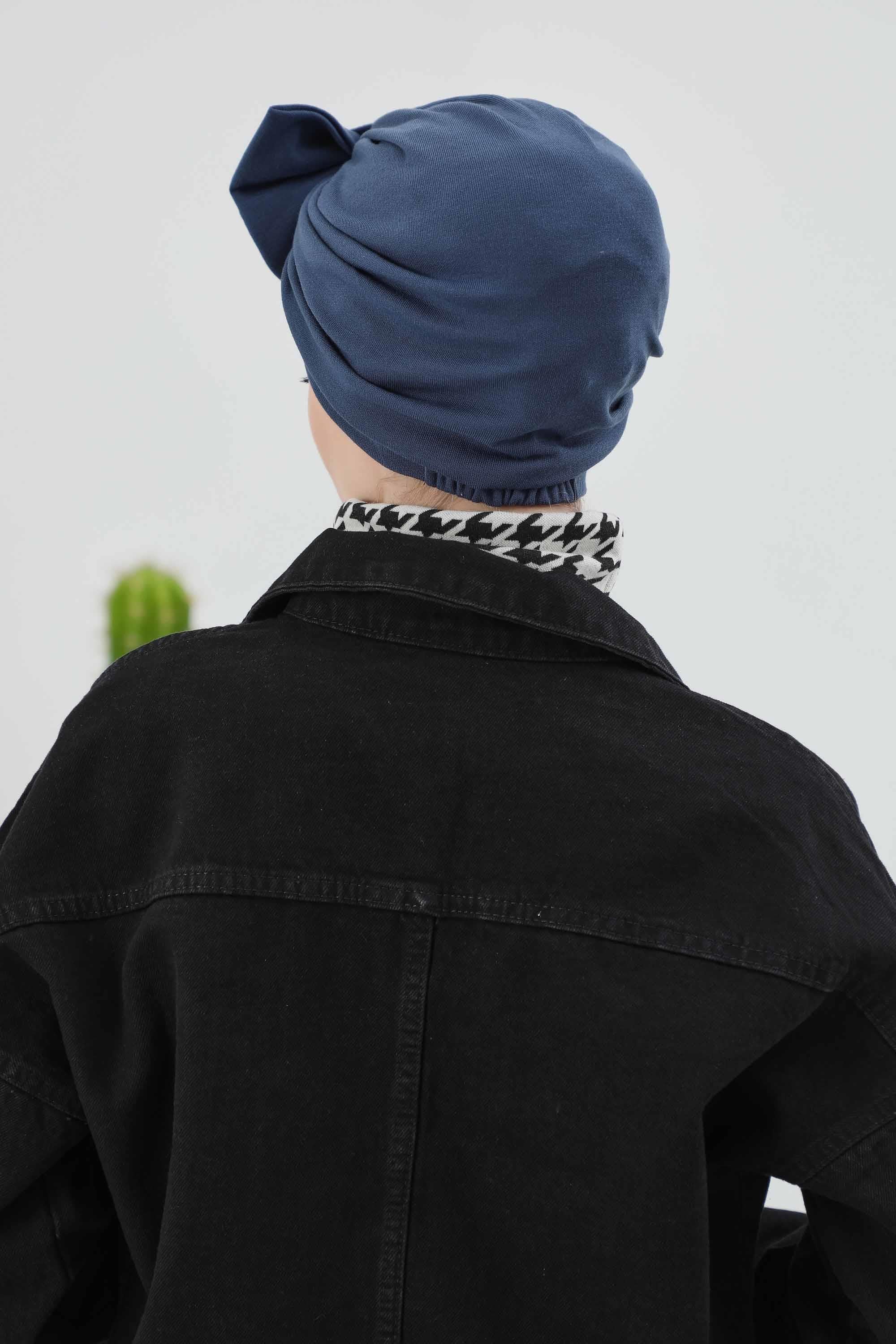 Comfortable Winter Turban Bonnet with Detachable Bowtie, One-Size Removable Bow Turban for Cold Weather, Cozy Ribbed Instant Turban,B-27RB Gray Melange