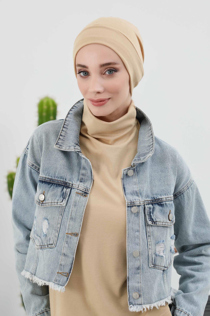 Soft Polyviscose Inner Turban Bonnet for Women, Easy Wear Instant Turban Bonnet, Soft Plain Color Ribbed Winter Chemo Headwear,B-37RB