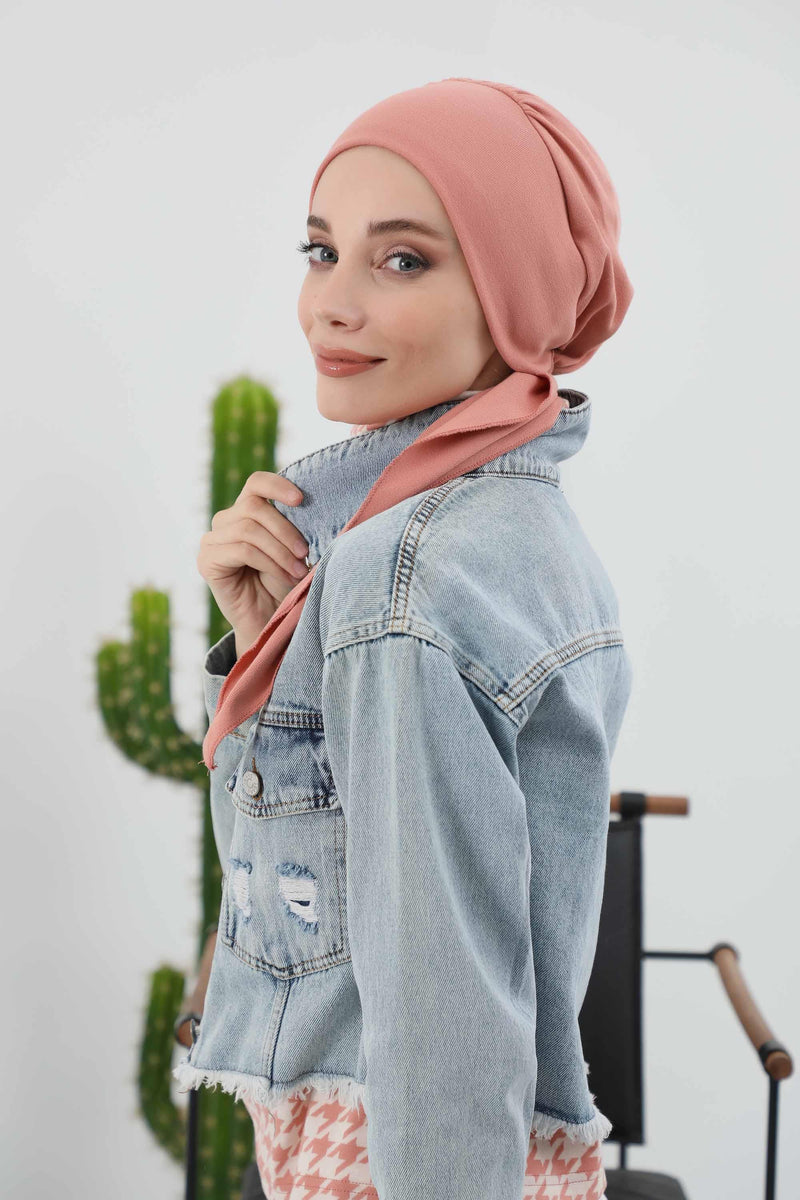 Women's Adjustable Ribbed Turban Bonnet with Long Tail, Instant Winter Turban Bonnet with Tie-Back Tail, Fashionable Women Hijab,B-49RB