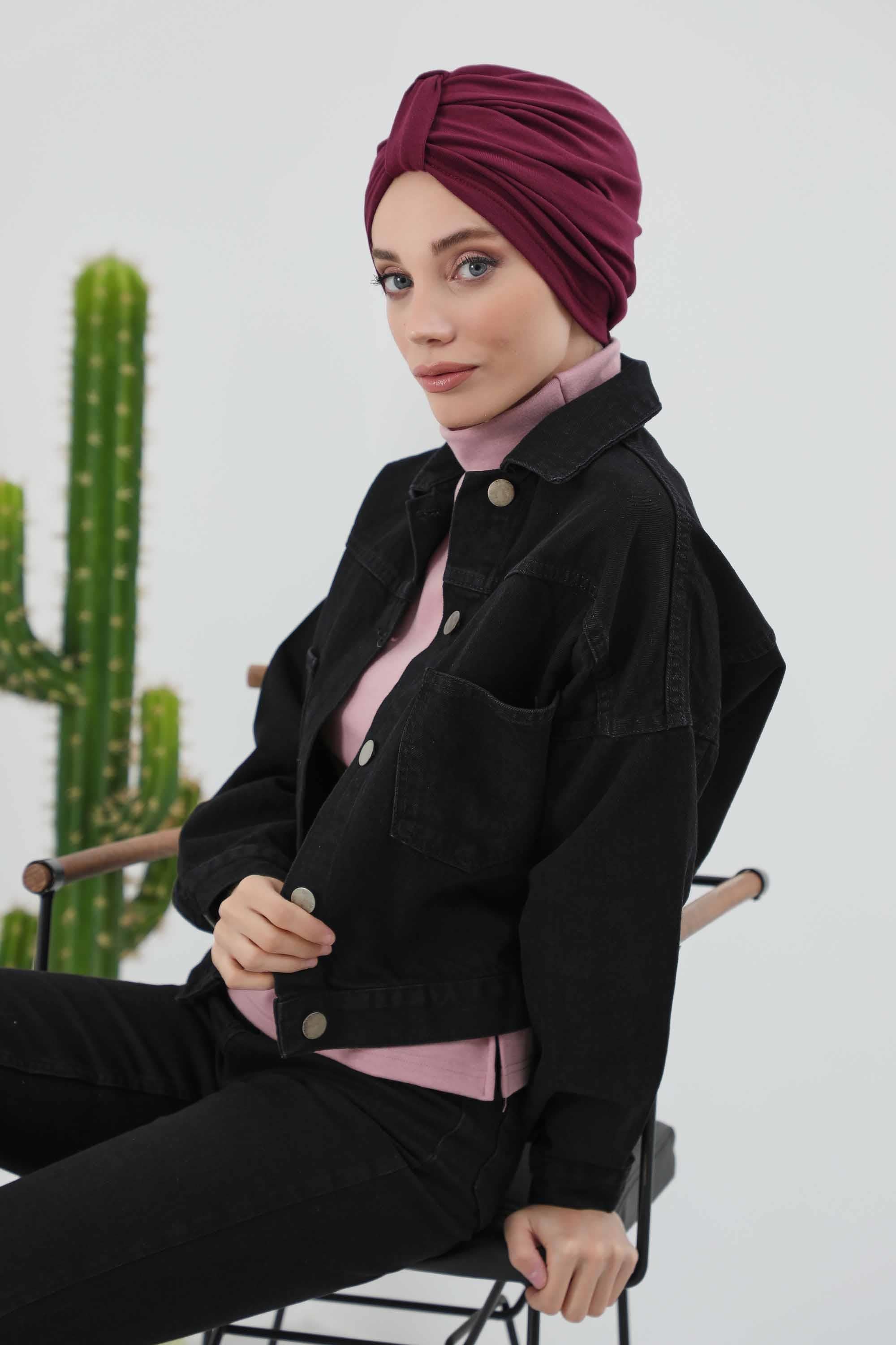 Cozy Stretch Ribbed Winter Turban for Cancer Patients, Easy-Wear Instant Turban Hijab, Soft Chemo Headscarf for Women,B-68RB Maroon